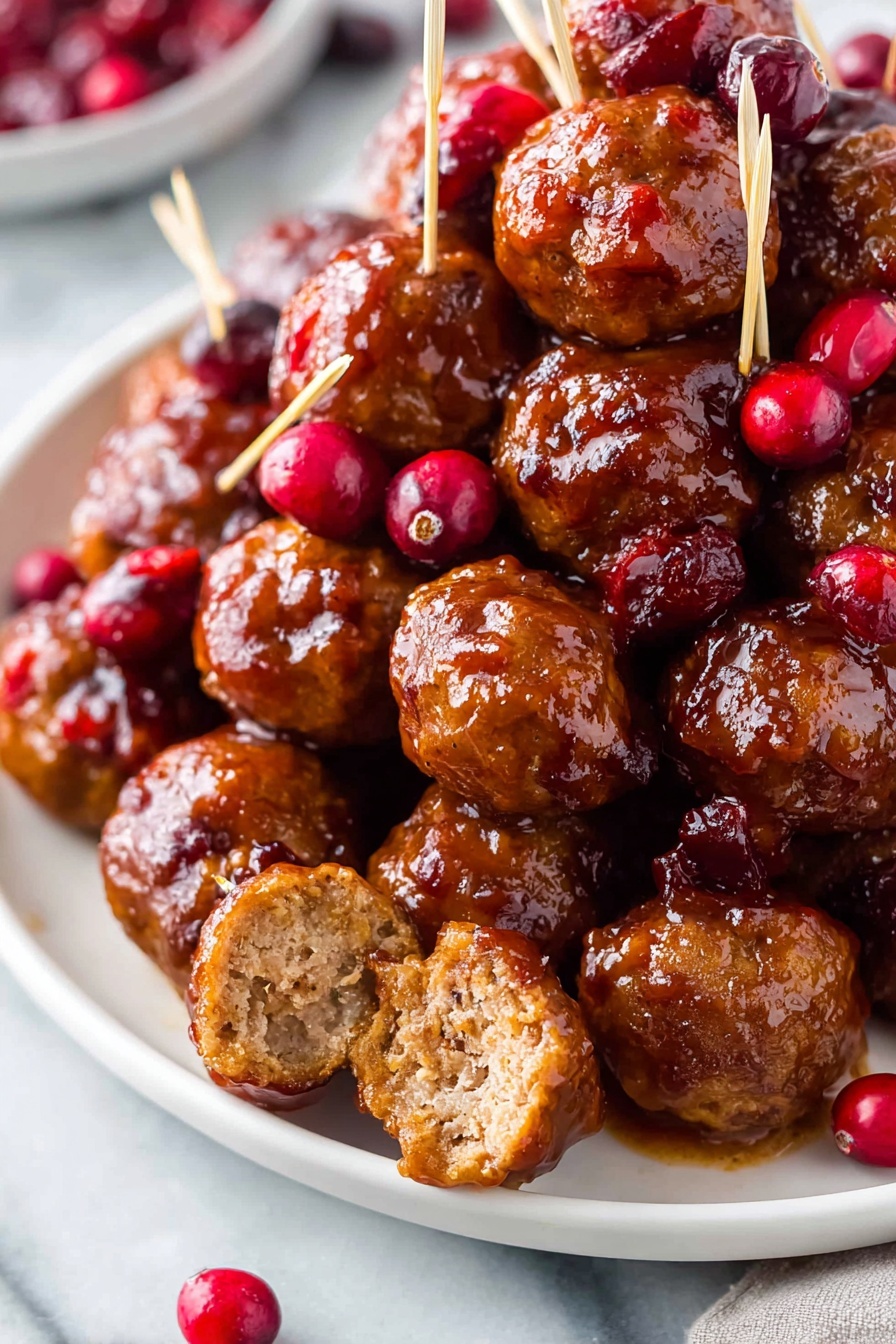 A close-up of a white plate filled with shiny brown meatballs covered in sauce, piled in many layers, with a few bright red cranberries scattered throughout and on top; one meatball in the front is cut in half showing a light brown, soft inside texture, some toothpicks stick out from the meatballs, the plate rests on a white marbled surface with a few more cranberries around it. Photo taken with an iphone --ar 2:3 --v 7