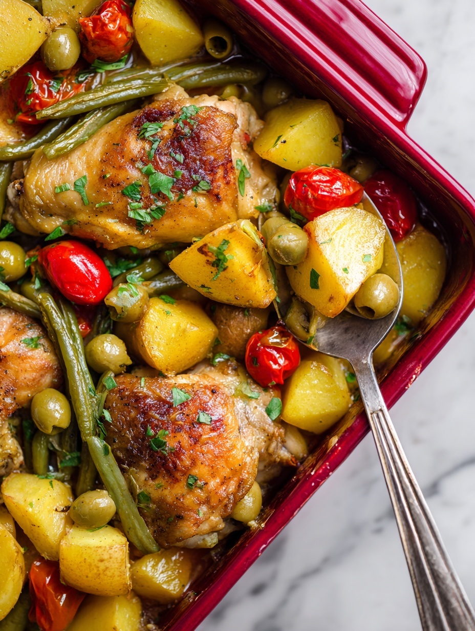 The image shows a white baking dish filled with roasted chicken thighs, yellow potato chunks, green beans, green olives, and roasted cherry tomatoes. The chicken thighs have a golden brown color with crispy skin and are scattered evenly across the dish. The yellow potatoes are cut into medium pieces and are mixed with the chicken and vegetables. The green beans are long and add a fresh green color to the dish. The olives are whole and light green, mixed among the other ingredients. Small bits of fresh green herbs are sprinkled over everything, adding extra color and texture. A silver spoon holding a piece of chicken and some potatoes is placed in the dish. The background is a white marbled surface. photo taken with an iphone --ar 2:3 --v 7