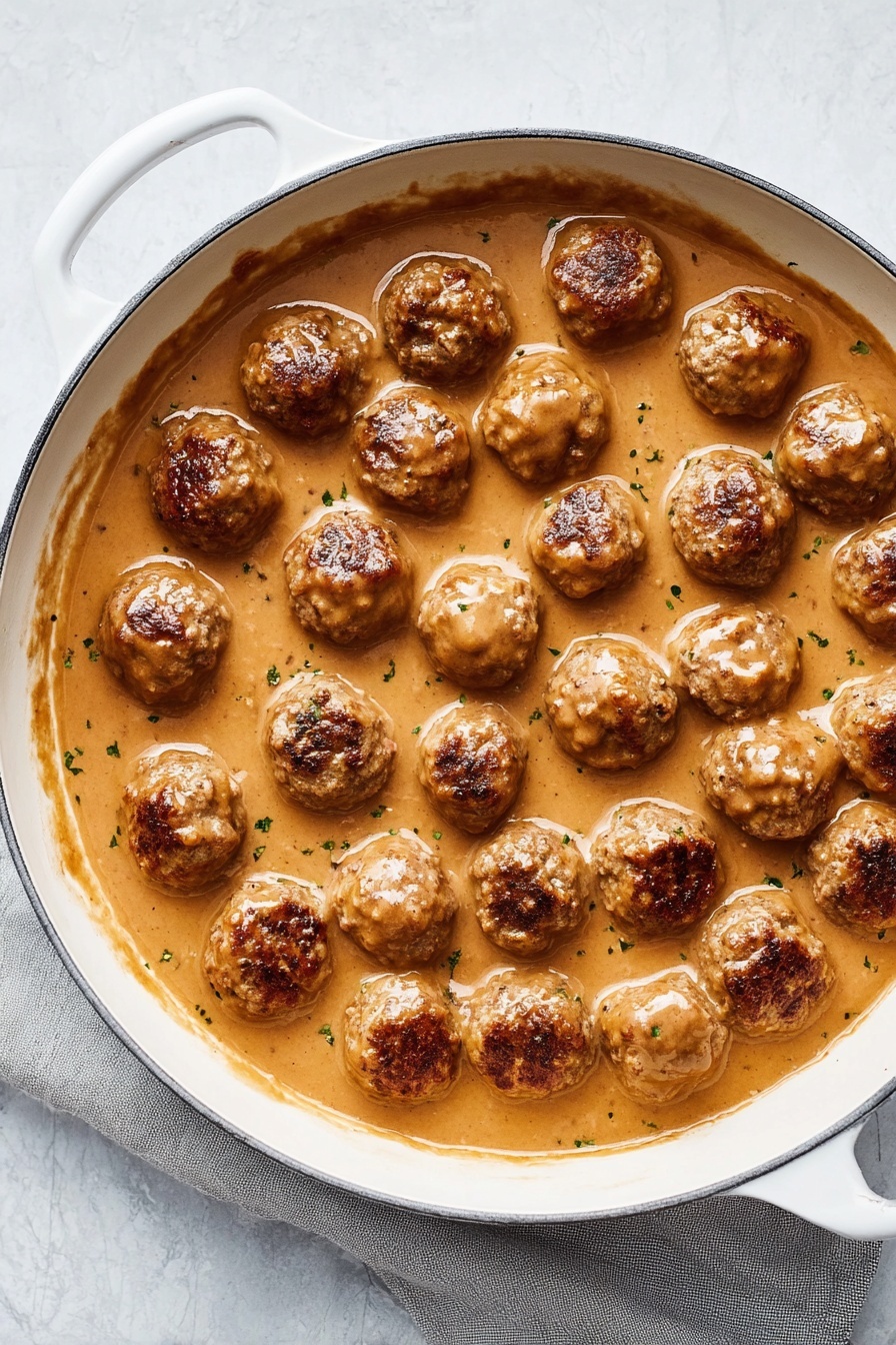 A white large pan filled with about 30 small, round meatballs covered in thick, smooth light brown sauce that fills the bottom of the pan. The meatballs have a browned, slightly crispy texture visible on top and peek through the sauce in some areas. The pan is set on a white marbled surface, and the sauce stays evenly spread beneath the meatballs. Photo taken with an iphone --ar 2:3 --v 7