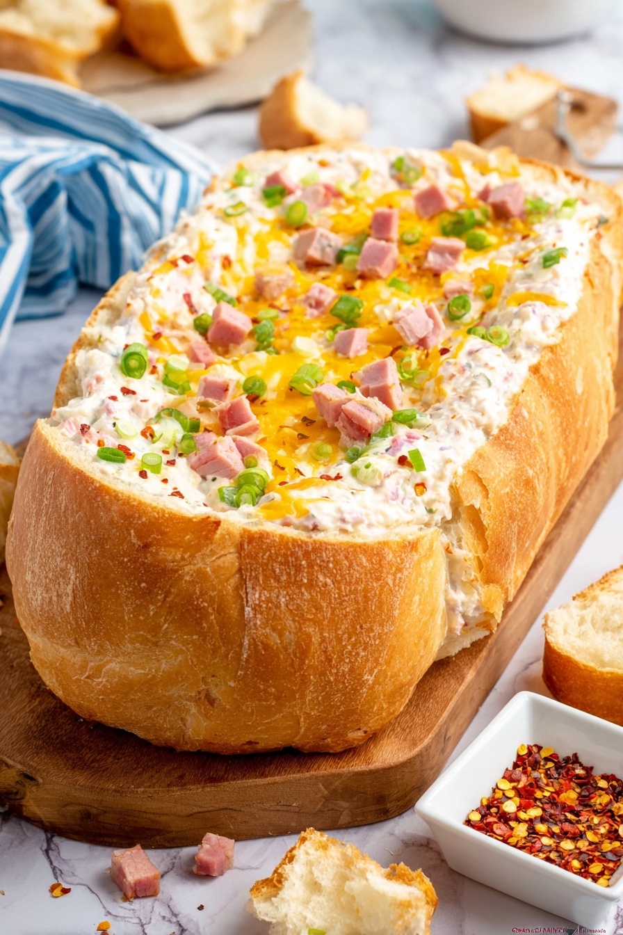 A hollowed-out golden brown bread loaf is filled with a creamy white layer mixed with small pieces of ham and topped with melted yellow cheese. On top of the cheese, there are small pink ham cubes and bright green chopped scallions scattered evenly. A small piece of bread is stuck upright in the filling near the back. The dish sits on a wooden board placed on a white marbled surface, with bread crumbs and small bread pieces nearby. A woman’s hand holds a butter knife with creamy spread in the foreground. In the background, a small white square bowl with red chili flakes is slightly blurred. photo taken with an iphone --ar 2:3 --v 7