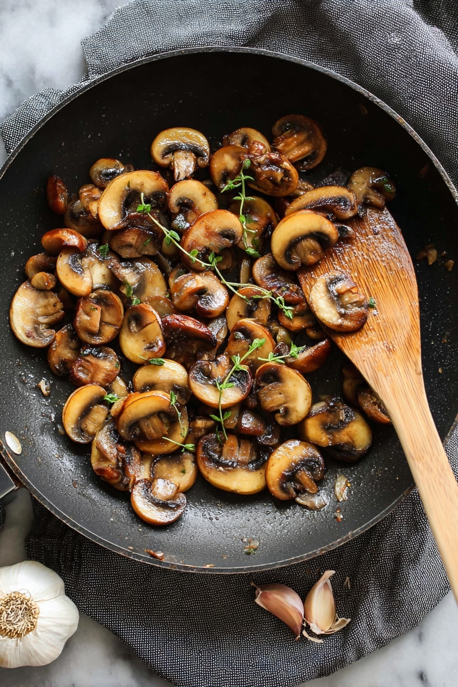A black pan holds many cooked mushroom slices that are golden brown with some darker edges, mixed with small green herb sprigs. The mushrooms have a smooth, slightly shiny texture from cooking. A wooden spatula rests on the mushrooms inside the pan, showing a plain light brown color and visible wood grain. The pan is on a dark gray cloth, and there are two garlic cloves nearby on a white marbled surface. The photo taken with an iphone --ar 2:3 --v 7