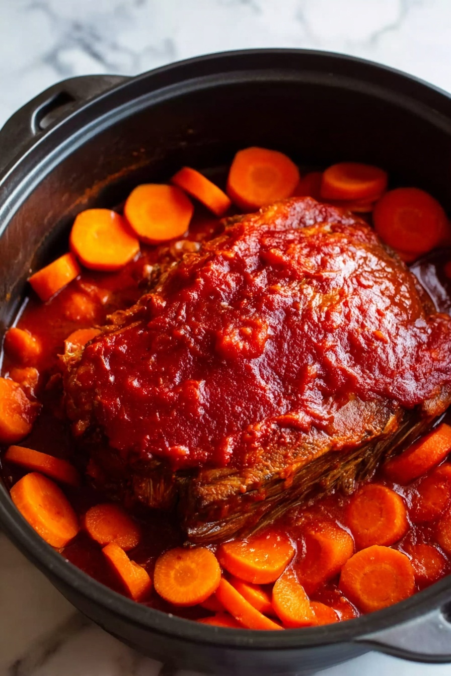 The image shows a black pot filled with a large piece of meat covered in thick red tomato sauce as the main layer. Around the meat, there are thick slices of bright orange carrots evenly placed. The meat sits at the center of the pot, surrounded by the carrots in a circular pattern. The black pot contrasts with the vivid colors of the meat and carrots. The background surface has a white marbled texture. photo taken with an iphone --ar 2:3 --v 7