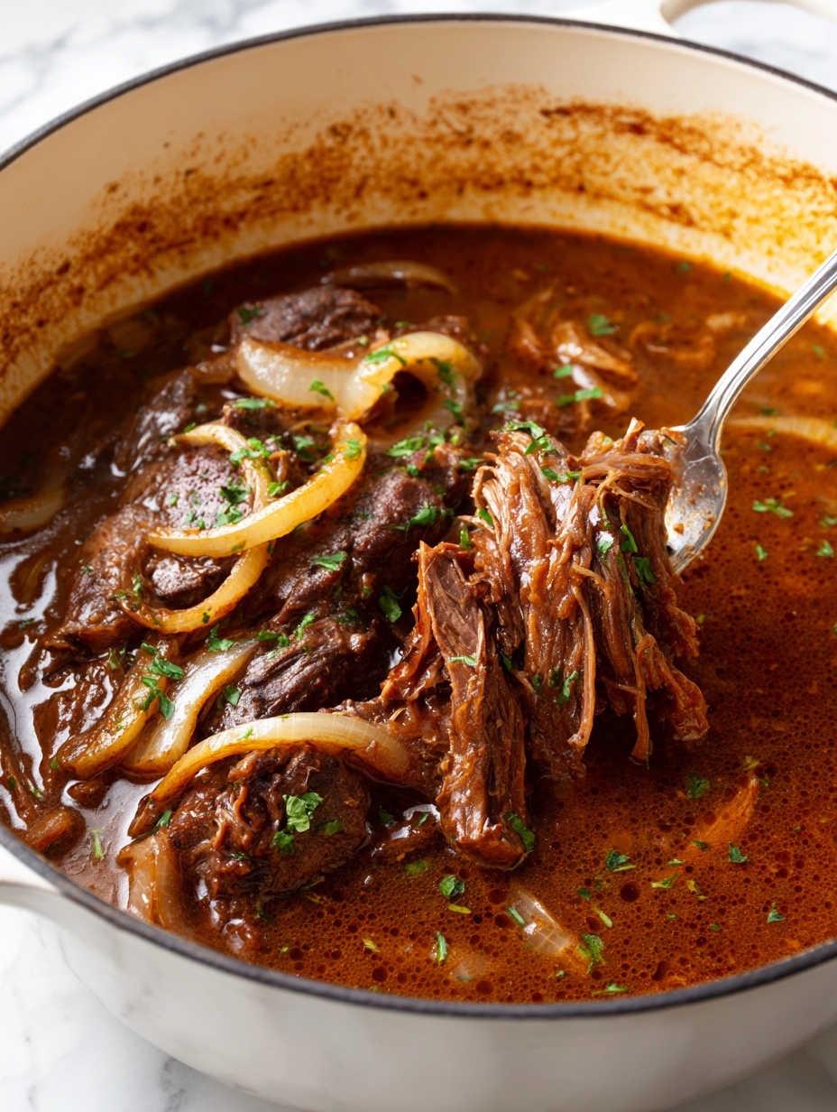 A large white pot filled with a brown, thick stew that has a large piece of cooked meat in the center. The meat is dark brown and is shredded in the middle with a silver fork lifting some pieces, showing strands of tender texture. On top of the meat, there are soft cooked onion slices which are golden brown and mixed with the brown sauce. The sauce surrounds the meat and onions, with small green herb pieces sprinkled over the dish. The inside edge of the pot has brown stains from cooking, and the background is a white marbled surface. photo taken with an iphone --ar 2:3 --v 7
