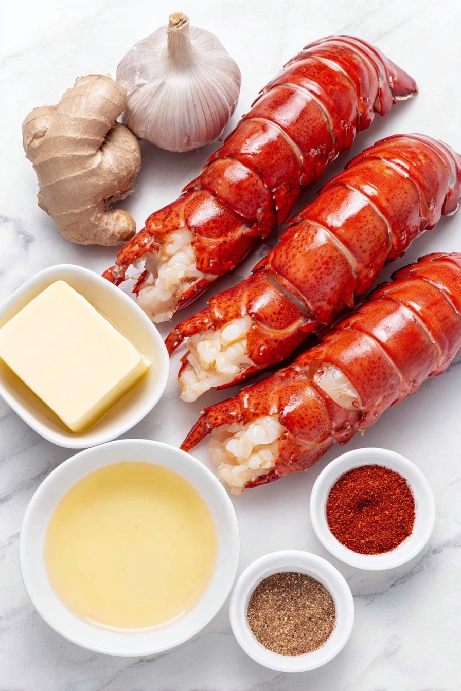 Flat lay of fresh whole lobster tails with bright red shells, two whole uncracked brown garlic bulbs with green stems trimmed to show cloves, a small white ceramic bowl containing melted salted butter glowing golden, a small white ceramic bowl with clear pale yellow lemon juice, a small white ceramic bowl with deep red smoked paprika powder, and a small white ceramic bowl holding vibrant red cayenne pepper powder, all arranged with perfect symmetry and balanced proportions, placed on a clean white marble surface, soft natural light, photo taken with an iPhone, professional food photography style, fresh ingredients, white ceramic bowls, no bottles, no duplicates, no utensils, no packaging --ar 2:3 --v 7 --p m7354615311229779997