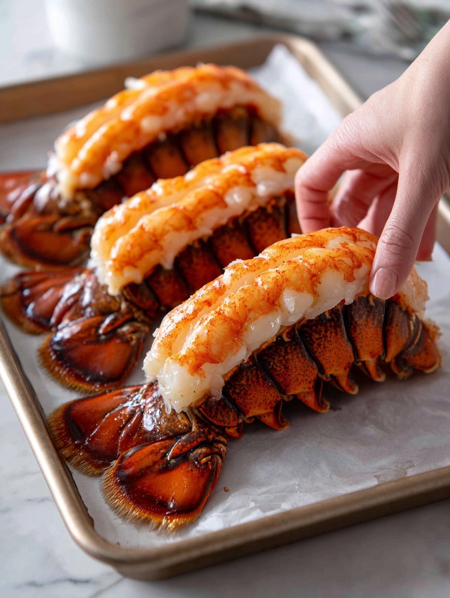 A close-up image shows a woman's hand holding a lobster tail with the shell split open to reveal the cooked white and orange lobster meat inside. The lobster meat is glossy and layered with a clear texture, sitting within the reddish-brown, segmented shell that curves naturally. Below the lobster tail held in the hand, there are two more lobster tails placed on a white sheet inside a metal tray. The background surface is white with a marbled texture. photo taken with an iphone --ar 2:3 --v 7