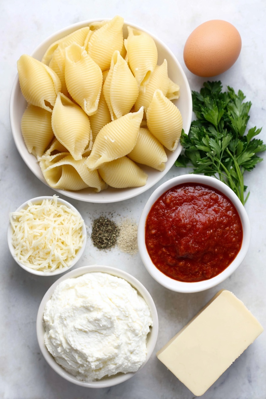 Flat lay of jumbo pasta shells arranged neatly beside a small white ceramic bowl of bright red marinara sauce, a mound of fresh ricotta cheese on a white plate, a small white bowl filled with shredded mozzarella cheese, a small white bowl holding grated parmesan cheese, a smooth piece of cream cheese on a white dish, one large uncracked brown egg, a small bunch of fresh green parsley sprigs, a single large garlic clove, and tiny piles of dried oregano, sea salt, and ground black pepper on white ceramic dishes, all placed on a clean white marble surface, soft natural light, photo taken with an iPhone, professional food photography style, fresh ingredients, white ceramic bowls, no bottles, no duplicates, no utensils, no packaging --ar 2:3 --v 7 --p m7354615311229779997