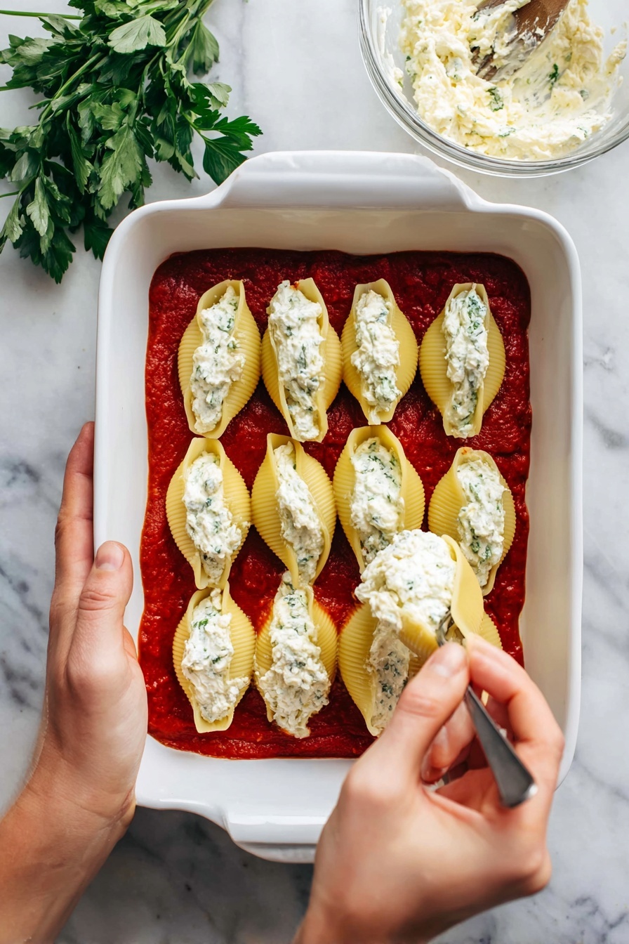The image shows a white baking dish placed on a white marbled surface. The dish contains a layer of thick, red tomato sauce spread evenly on the bottom. On top of the sauce, there are seven large, yellow pasta shells lined in two rows, each stuffed with a creamy, white ricotta cheese mixture with small green herb bits. A woman's hand is holding one pasta shell, while another woman's hand is using a spoon to fill the shell with more ricotta mixture from a clear glass bowl with some leftover cheese mixture. A few sprigs of fresh green parsley lie on the white marbled surface near the dish. photo taken with an iphone --ar 2:3 --v 7
