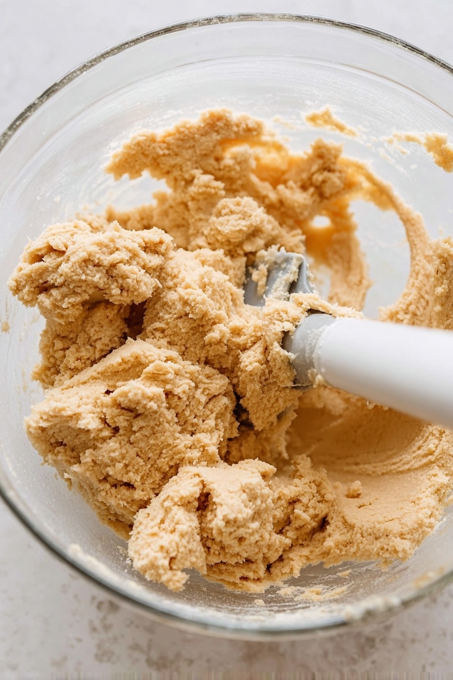 The image shows a clear glass bowl filled with a thick, light brown dough. The dough has a crumbly texture with some smooth, dense patches. Inside the bowl, a white mixing paddle is partially covered with the dough and positioned diagonally. The background is a white marbled texture, and the dough fills most of the bowl's space with some dough stuck to the sides of the bowl. Photo taken with an iphone --ar 2:3 --v 7