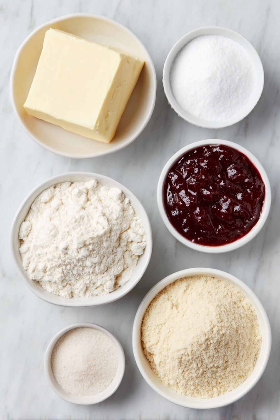 Flat lay of a small chunk of pale yellow unsalted butter, a small white ceramic bowl filled with fine white powdered sugar, a tiny white bowl with smooth vanilla bean paste, a neat mound of all-purpose flour, a small pile of light beige almond flour, a pinch of coarse kosher salt displayed in a tiny white bowl, a small heap of bright red jam with a glossy surface in a white bowl, all arranged in perfect symmetry on a clean white marble surface, soft natural light, photo taken with an iPhone, professional food photography style, fresh ingredients, white ceramic bowls, no bottles, no duplicates, no utensils, no packaging --ar 2:3 --v 7 --p m7354615311229779997