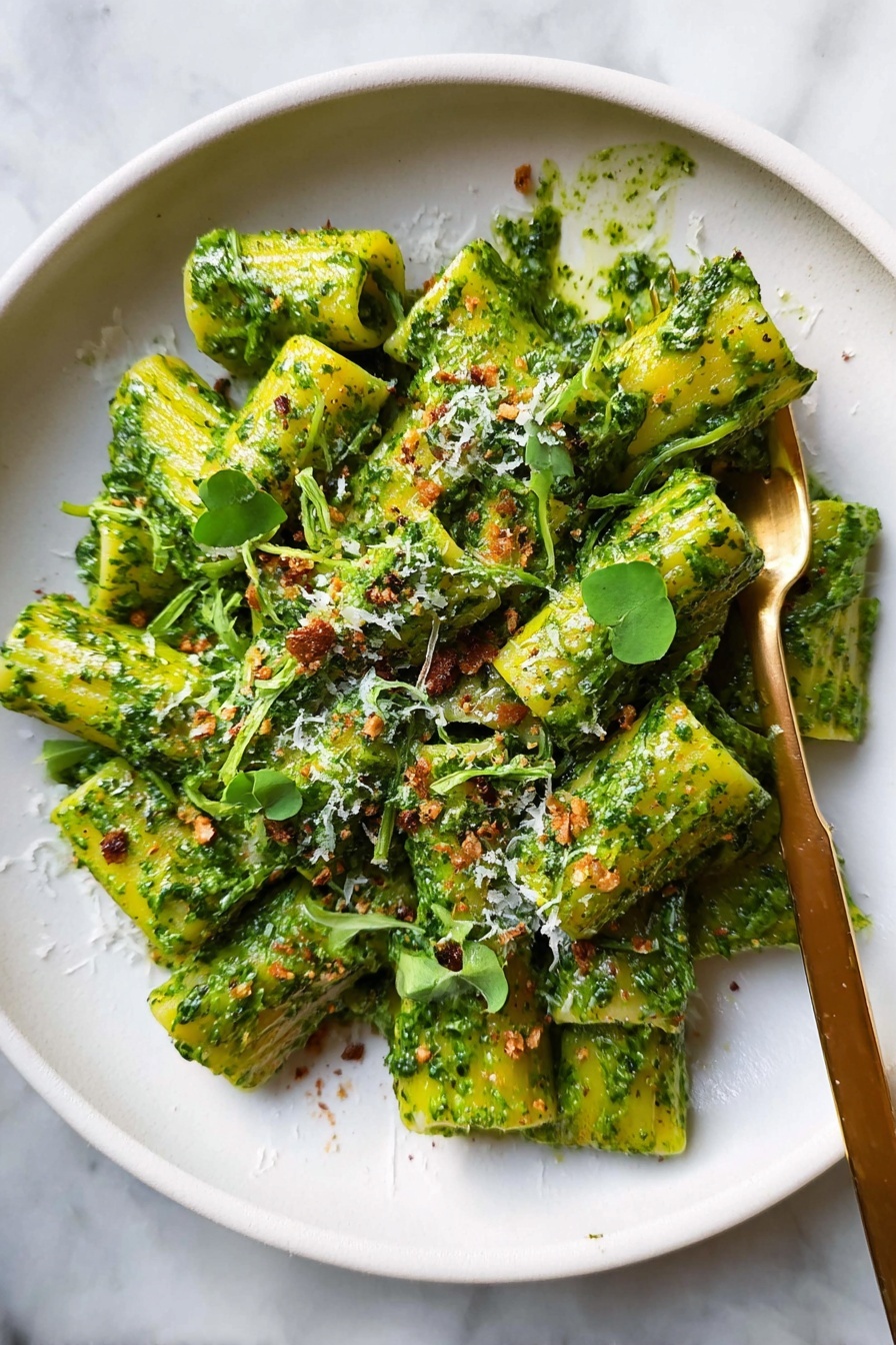 A white round plate holds a serving of rigatoni pasta fully covered in a thick, bright green herb sauce, giving the pasta a vibrant, textured look. The pasta pieces are evenly coated and layered close together, with some small green leaves sprinkled on top. There are tiny bits of brown crumbs and grated white cheese scattered across the dish, adding contrast. A gold fork rests in the pasta with some sauce on its prongs, positioned near the top center of the plate. The whole scene is on a white marbled surface. photo taken with an iphone --ar 2:3 --v 7