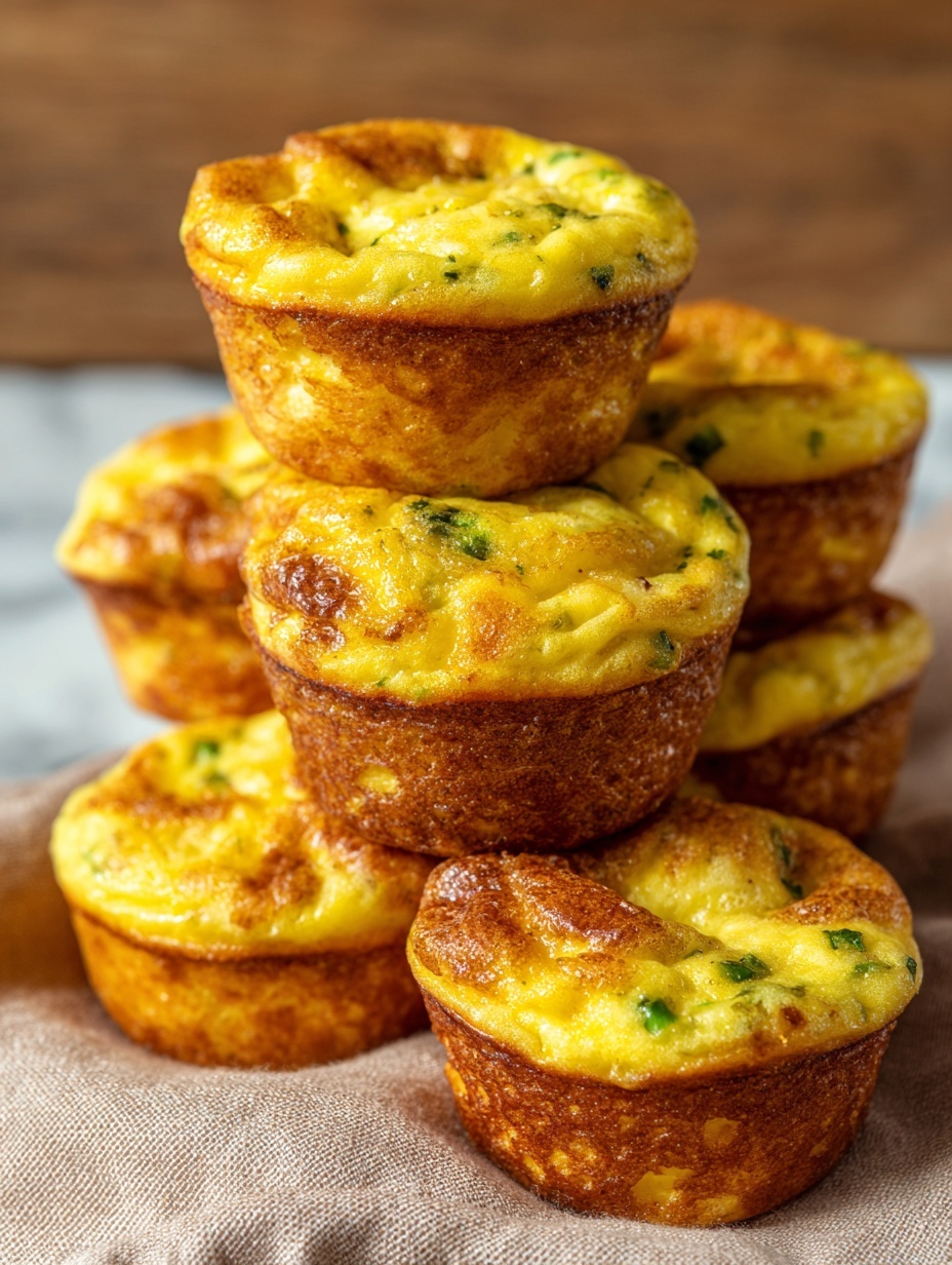 A group of small egg muffins stacked closely together, each muffin showing a golden yellow color with a slightly browned edge and top. Green vegetable pieces and small bits of ham are visible inside the muffins, giving a mix of colors with bright green and light pink spots scattered throughout the soft, fluffy surface. The muffins have a slightly crispy outside texture and a thick, rounded shape. They are placed on a soft beige cloth over a white marbled surface. Photo taken with an iphone --ar 2:3 --v 7