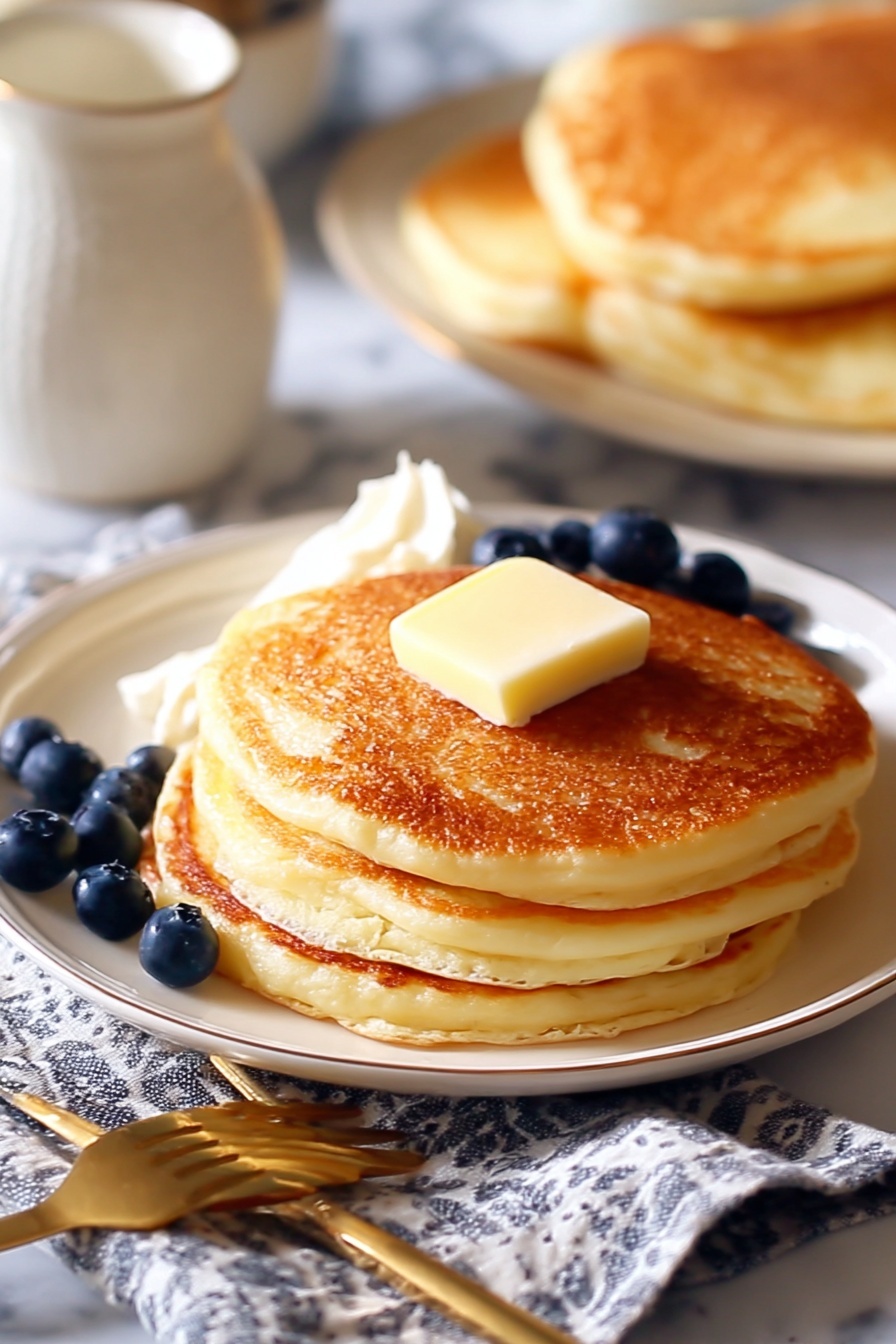 A white plate holds three thick golden brown pancakes stacked slightly uneven. The top pancake has a square piece of light yellow butter melting gently in the center. Around the pancakes on the plate sit several fresh dark blue blueberries and a dollop of white cream, showing soft texture. The plate rests on a cloth napkin with a grey and white pattern, and a gold fork is seen at the bottom near the edge of the plate. The surface under everything is a white marbled texture, and in the blurred background, a larger white plate with more pancakes and a white jar are visible. Photo taken with an iphone --ar 2:3 --v 7
