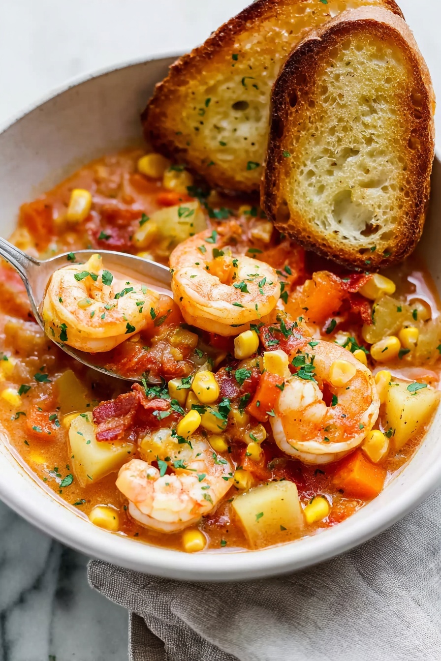 A white bowl filled with a shrimp stew featuring plump, pink shrimp mixed with small diced yellow potatoes, orange carrots, yellow corn, and red pieces of tomato or bacon. The stew has a light red-orange broth and is garnished with green chopped herbs scattered on top. A silver spoon scoops some stew from the bowl. Two toasted bread slices with a golden brown crust are placed resting on the bowl's edge. The bowl sits on a white marbled surface with a light grey cloth under it. Photo taken with an iphone --ar 2:3 --v 7
