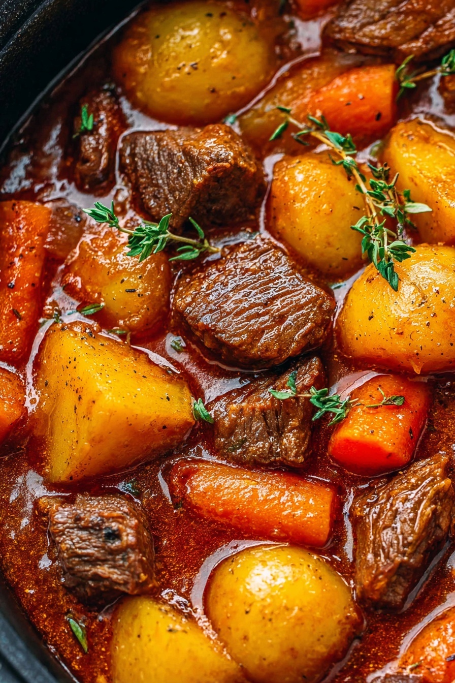 The image shows a close-up view of a rich stew in a pot, featuring several chunks of cooked beef that are deep brown and textured, surrounded by large pieces of golden yellow potatoes and vibrant orange carrots. Soft, translucent onion pieces sit among the stew, all coated in a thick, glossy reddish-brown sauce. Small green thyme leaves are scattered on top, adding a fresh touch to the hearty dish, with steam and slight oil reflections giving it a warm, cooked look. The background is a white marbled texture photo taken with an iphone --ar 2:3 --v 7