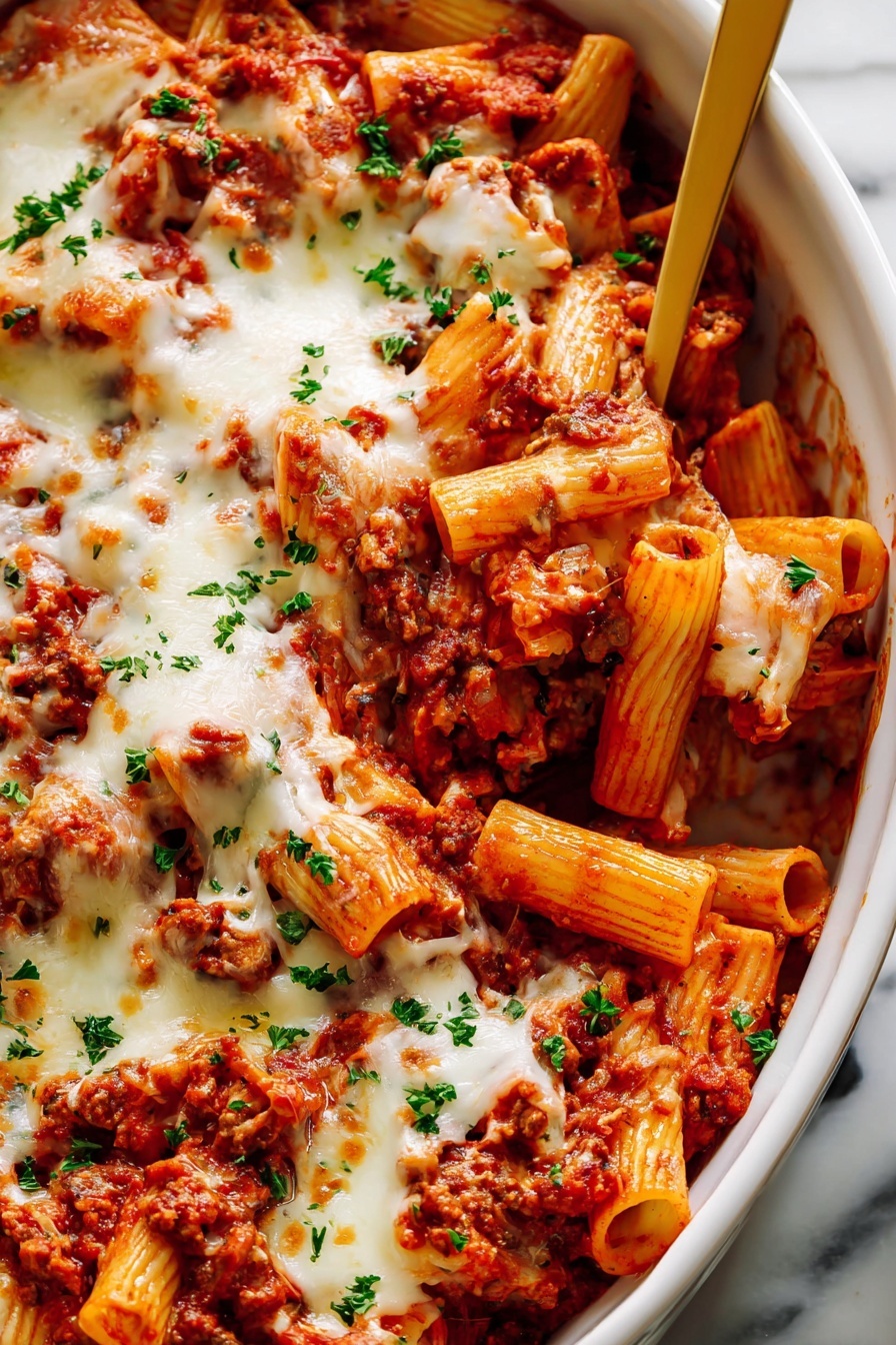 The image shows a close-up view of a pasta bake in a white ceramic dish. The dish is filled with rigatoni pasta mixed with a rich red tomato sauce and bits of cooked ground meat evenly spread throughout. There is a layer of melted white cheese on top that is slightly browned in some spots. Fresh green parsley pieces are sprinkled over the surface for color. A gold serving spoon is scooping a portion, lifting some of the rigatoni and sauce, showing the layers of pasta, meat sauce, and melted cheese inside. The whole scene rests on a white marbled surface. Photo taken with an iphone --ar 2:3 --v 7