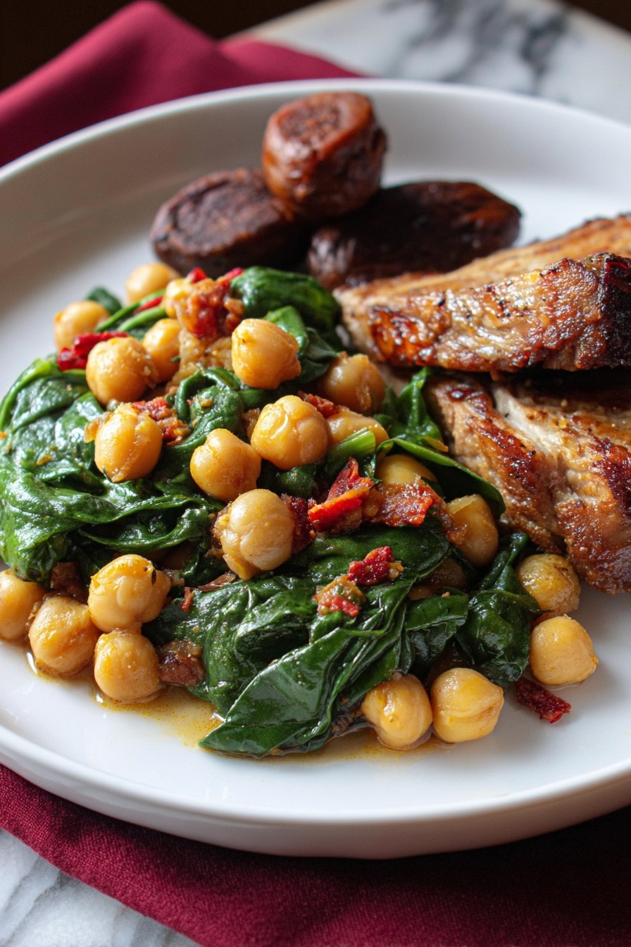 A white plate holds two main parts of food on a white marbled surface with a red cloth nearby. On the right side of the plate, there are five slices of cooked chicken with a browned, slightly crisp skin on top, showing the light inside. On the left side, there is a mix of chickpeas and cooked spinach leaves with small pieces of red and green vegetables, all soaked lightly in a sauce, creating a soft, textured look. There is also a crispy chicken wing placed on top of the chickpeas and spinach. The overall colors are warm brown, beige, green, and red, with a natural, home-cooked appearance. photo taken with an iphone --ar 2:3 --v 7