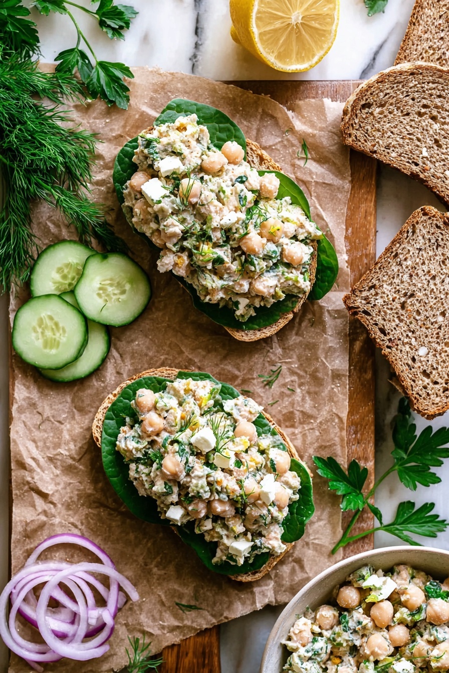 The image shows a tall sandwich with two layers of toasted brown bread. The bottom slice holds a layer of green leafy lettuce, topped with a creamy mix of white cheese or chickpeas with green herbs and small yellow chickpeas. Above that is a layer of green cucumber slices and rings of bright purple-red onion. This is repeated for the second layer, with more creamy chickpea and herb mix, cucumber slices, purple onion rings, and fresh green dill, all stacked and finished with the top slice of toasted brown bread. The sandwich is set on a white marbled surface with fresh green herb leaves around it, photo taken with an iphone --ar 2:3 --v 7