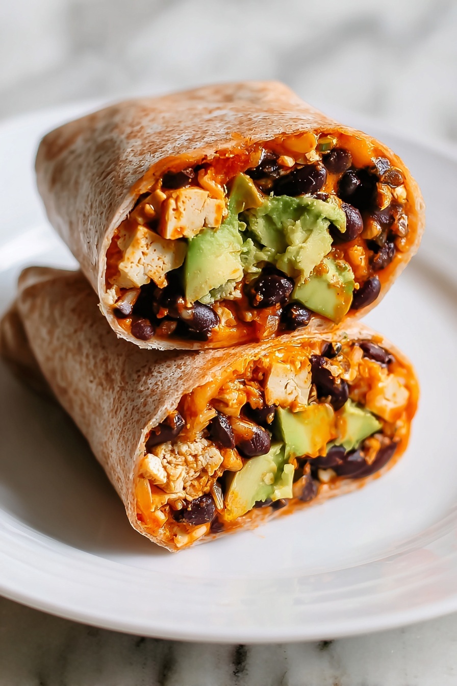 Two halves of a whole wheat tortilla wrap are placed side by side on a white plate with a subtle decorative edge. Each wrap half reveals layers inside: a soft tan-brown tortilla outer shell, an inner layer of black beans, chunks of green avocado, and an orange sauce or spread. The filling looks moist and colorful, with the bright green avocado pieces contrasting against the darker beans and orange layer inside the wrap. The plate sits on a white marbled surface with a slight pattern visible underneath the plate. Photo taken with an iphone --ar 2:3 --v 7