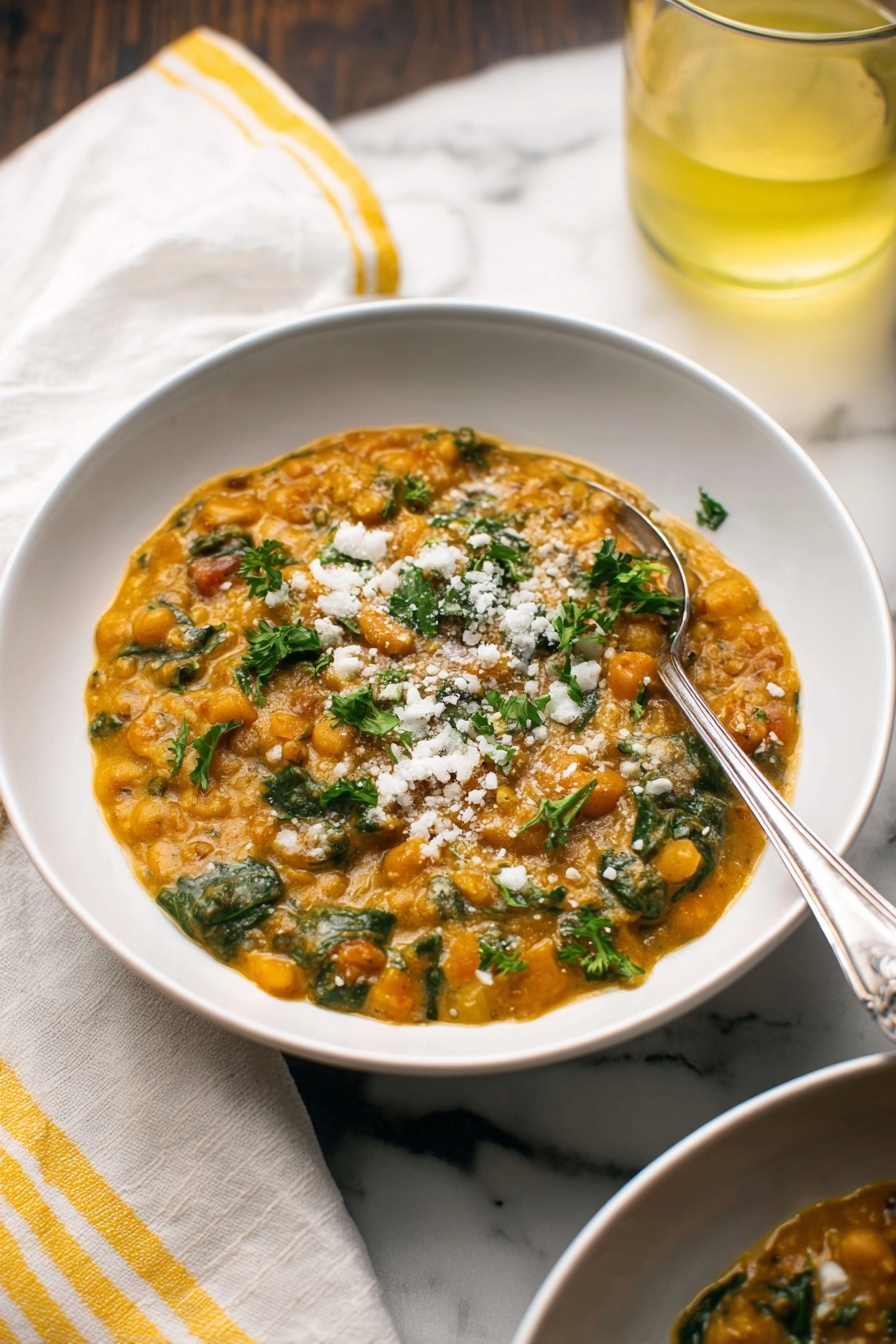 The image shows a close-up of a thick stew served in a white bowl placed on a white marbled surface. The stew has a creamy orange-brown base mixed with small chunks of vegetables and green leafy bits spread throughout. On top, there is a light sprinkling of white cheese and fresh green herbs. A silver spoon is resting inside the bowl on the right side, partially covered by the stew. In the background, there is a glass filled with a yellow drink and a white and yellow striped cloth napkin beside the bowl. Photo taken with an iphone --ar 2:3 --v 7