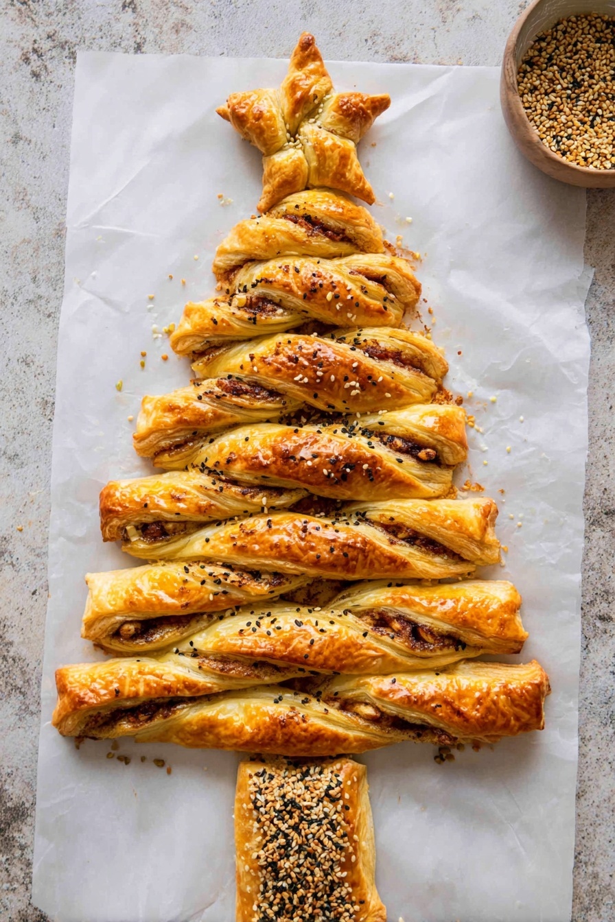 The image shows a Christmas tree shaped puff pastry on white parchment paper. The tree has five layers of twisted branches made of golden brown baked dough, revealing a darker filling inside some twists. The top layer is a star made from the same pastry. The center trunk is a rectangular piece of the same dough, sprinkled with mixed seeds in dark and light brown colors. The whole tree is sprinkled with various seeds, adding texture and color contrast. The background is a white marbled texture. Photo taken with an iphone --ar 2:3 --v 7