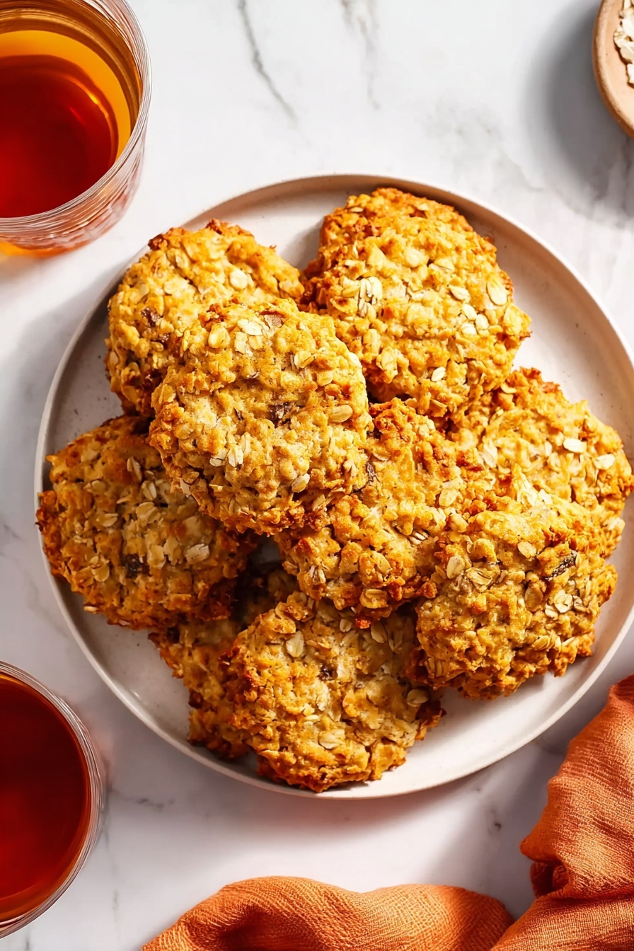 A white plate filled with a pile of golden oat cookies, each with a rough texture made up of visible oats and small chunks inside. The cookies are thick and uneven in shape, some showing a slight shine from baking. The plate is on a white marbled surface, and nearby there is a glass of dark amber tea with light shining through it, and a soft orange cloth partially visible on the side. photo taken with an iphone --ar 2:3 --v 7