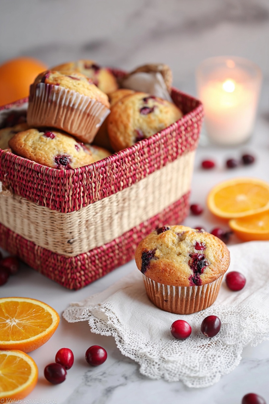 A basket filled with nine golden brown muffins, each studded with bright red cranberries and dark brown chunks, showing a soft, moist texture. The muffins sit on a white cloth with red stripes that lines the basket, which is placed on a white marbled surface. The cranberries are scattered on the top and sides of each muffin, some bursting slightly, creating spots of deep red contrasting the warm yellowish dough. In the background on the right side, there is a hint of an orange fruit cut in half adding a splash of bright orange. Photo taken with an iphone --ar 2:3 --v 7