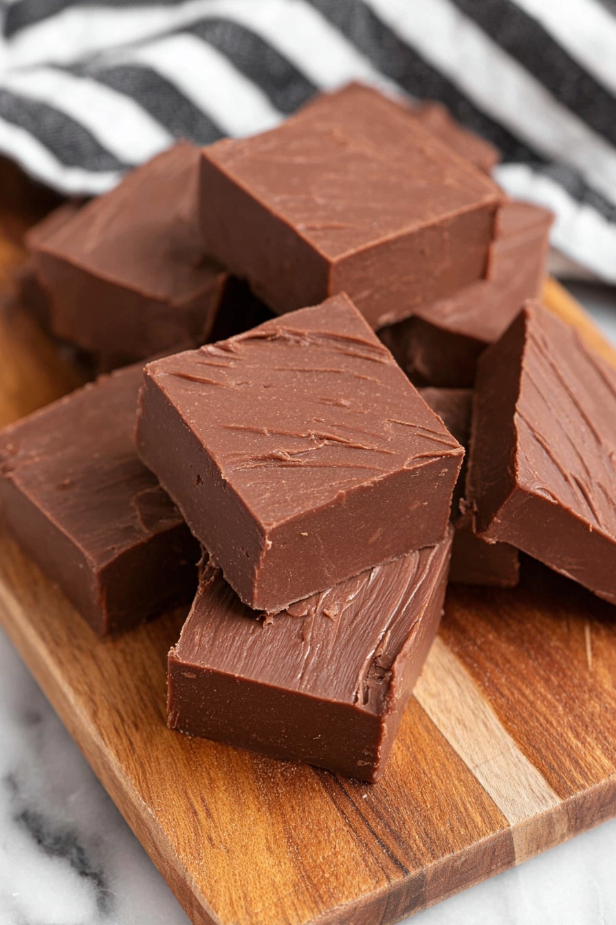 The image shows two types of chocolate fudge squares stacked on a wooden board. The fudge is dark brown with a smooth, soft texture. The front pile has a single layer of dark brown fudge topped with small pieces of crushed white and red candy canes, giving a rough texture on top. Behind this pile is another stack of plain dark brown fudge squares without any topping, showing smooth and clean surfaces. The wooden board has a natural light brown color with visible grain patterns, and it is placed on a white marbled surface with a black and white striped cloth nearby. photo taken with an iphone --ar 2:3 --v 7