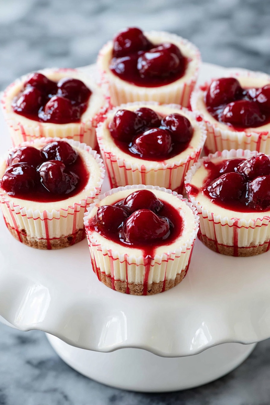 Seven small cheesecakes sit on a white, wavy-edged cake stand with a smooth, glossy surface. Each cheesecake is inside a white paper cup with a red grid pattern. The base layer is pale and creamy, topped with a shiny, deep red cherry topping filled with whole cherries and thick sauce that spills slightly over the edges. The background is a white marbled texture. photo taken with an iphone --ar 2:3 --v 7