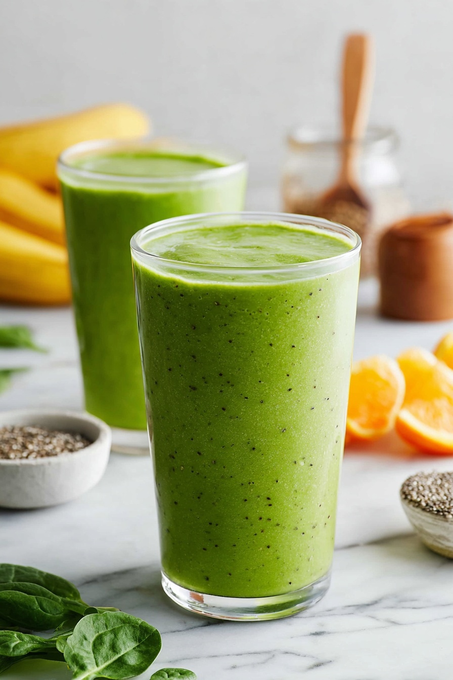 Two clear glasses filled with a thick, smooth bright green smoothie stand on a white marbled surface, the glass in front is closer and more detailed, showing small dark green specks in the mixture. Around the glasses, there are fresh spinach leaves on the left, a bunch of ripe yellow bananas blurred in the background, a small white bowl with chia seeds and a wooden spoon, a partially peeled orange with some segments removed on the right, and a glass jar with a wooden spoon inside it placed towards the back. photo taken with an iphone --ar 2:3 --v 7