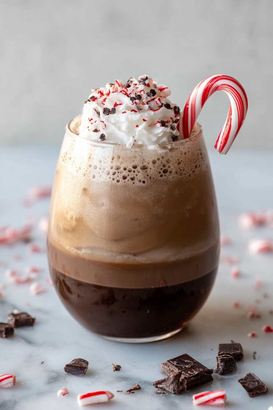 This image shows a drink in a clear rounded glass filled with three visible layers: the bottom layer is dark brown, thick and rich, the middle layer is lighter brown with a smooth, iced texture, and the top layer is white whipped cream with small dark brown sprinkles and tiny red candy pieces on it. A red and white striped candy cane is hooked on the right side of the glass. The glass sits on a white marbled surface with scattered pieces of broken candy cane and chocolate around it. photo taken with an iphone --ar 2:3 --v 7