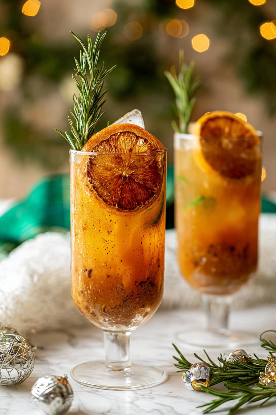 The image shows a clear glass with four layers: at the bottom is a thick textured layer of light brown spice mix, above it is a translucent amber liquid with bits of spices, next a large slice of dried orange with a dark toasted pattern and some small floating spice bits, and finally a green rosemary sprig and a brown cinnamon stick standing upright from the drink. The glass is on a white marbled surface scattered with white faux snow, green fabric, and small gold and silver Christmas decorations. Another similar glass is blurry in the background. Photo taken with an iphone --ar 2:3 --v 7