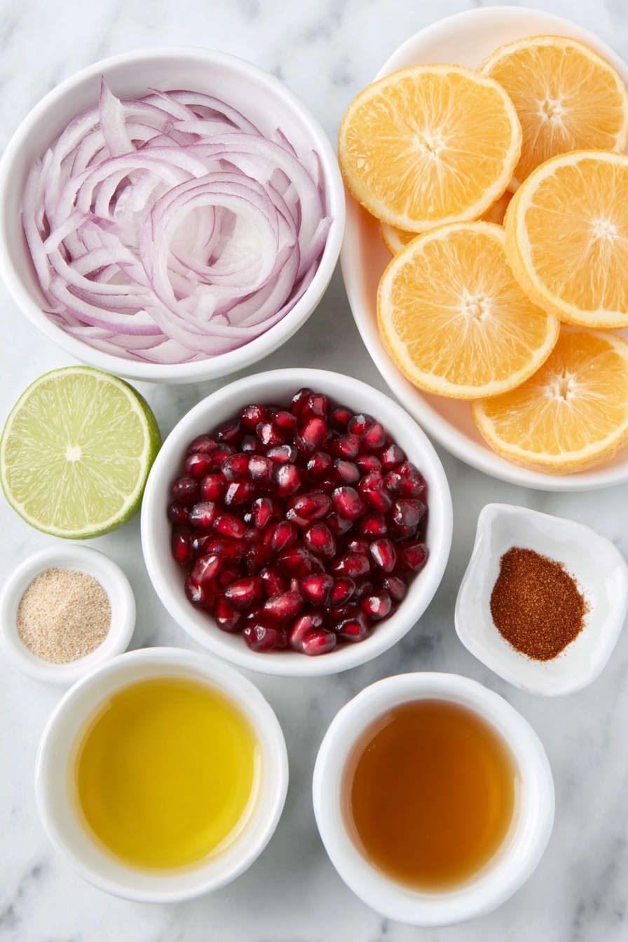 Flat lay of a small white ceramic bowl filled with thinly sliced small red onion, a small white ceramic bowl holding bright green chopped fresh mint leaves, several peeled Navel oranges sliced into round segments arranged neatly next to the bowls, a small white ceramic bowl brimming with ruby red pomegranate seeds, one whole lime cut in half showing the juicy interior, a small white ceramic bowl containing golden extra virgin olive oil, a small white ceramic bowl with rich amber honey, a small white ceramic bowl of clear orange blossom water, and three small white ceramic dishes each holding a pinch of kosher salt, sweet paprika, and ground cinnamon, all placed on a clean white marble surface, soft natural light, photo taken with an iPhone, professional food photography style, fresh ingredients, white ceramic bowls, no bottles, no duplicates, no utensils, no packaging --ar 2:3 --v 7 --p m7354615311229779997