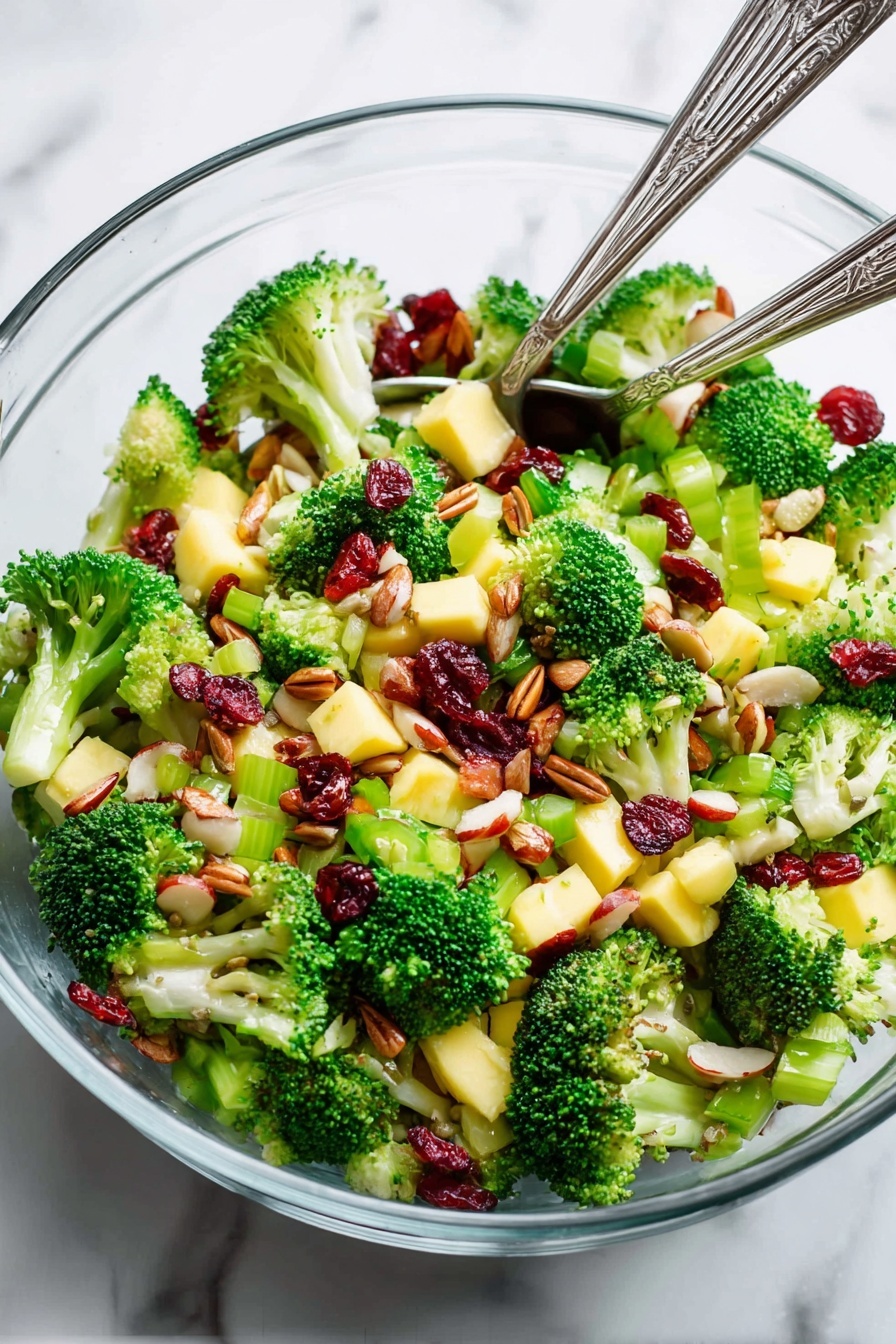 A clear glass bowl filled with a colorful broccoli salad sits on a white marbled surface. The salad has three main layers: bright green broccoli florets forming the base, scattered small cubes of pale yellow cheese and light green celery pieces as the middle layer, and on top, deep red dried cranberries alongside medium brown almonds and light brown sunflower seeds add texture and color. A silver fork is sticking out from the bowl on the right side. In the blurred background, there is a small white dish and some scattered dried cranberries. Photo taken with an iphone --ar 2:3 --v 7