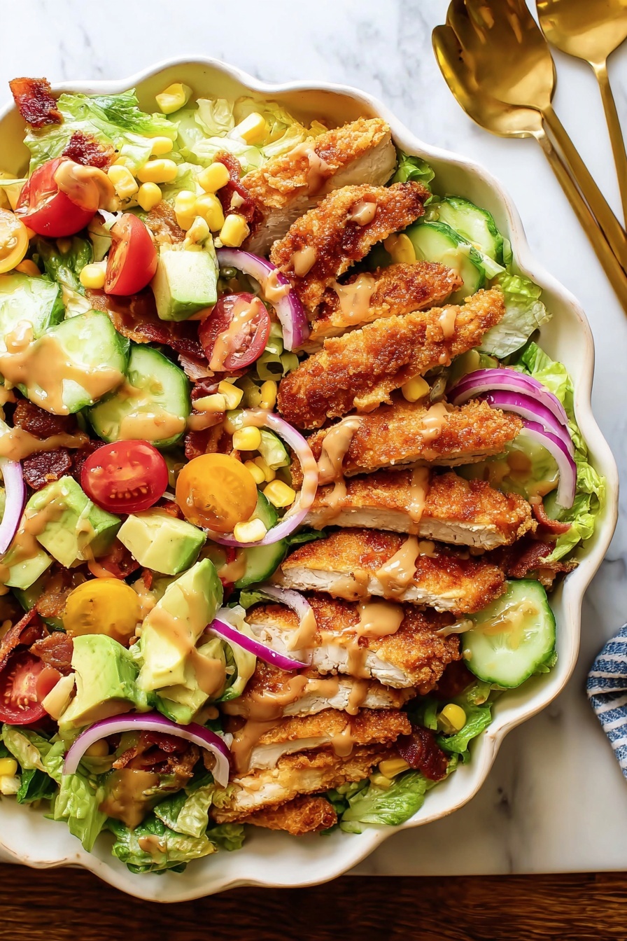 A white plate holds a layered salad with crispy golden-brown sliced chicken pieces spread across the top. Underneath, there is a bed of green leafy lettuce mixed with light green cucumber slices, red cherry tomato halves, light green avocado chunks, yellow corn kernels, and thin rings of purple-red onion. The salad is drizzled with a light brown dressing, adding a shiny texture. Around the plate, small white dishes contain yellow mustard, honey, and corn, placed on a white marbled surface. A woman's hand with a gold spoon is gently resting in the salad on the right side. Photo taken with an iphone --ar 2:3 --v 7