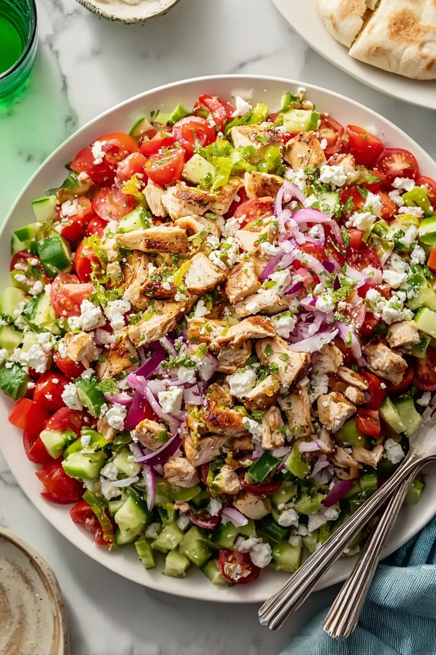 A large white plate filled with a colorful layered salad. The bottom layer is made of chopped green cucumbers, red tomatoes, and green bell peppers, mixed with thin slices of pale purple onions. On top of this, pieces of light golden brown grilled chicken are spread evenly. White crumbles of cheese are sprinkled all over the salad, adding a creamy texture. Some green herbs are scattered throughout, adding freshness. The plate sits on a white marbled surface with silver forks resting on the right side. Photo taken with an iphone --ar 2:3 --v 7