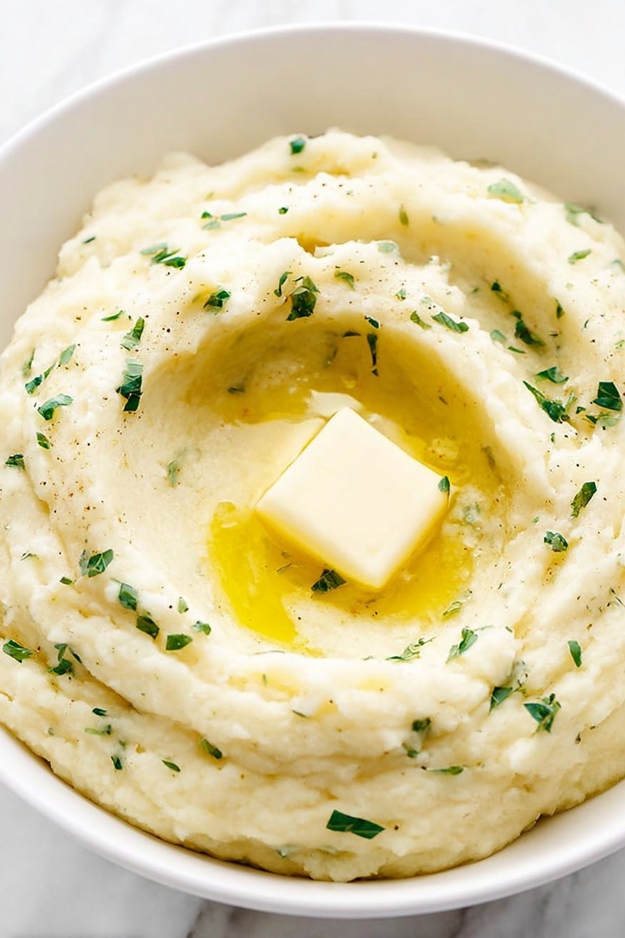 A white bowl filled with three thick swirled layers of creamy mashed potatoes, each layer smooth and slightly textured with small bits. On top of the mashed potatoes sits a small square of melting butter surrounded by a golden pool of melted butter. Scattered finely chopped green herbs add color contrast across the surface. The bowl is set on a white marbled surface. Photo taken with an iphone --ar 2:3 --v 7