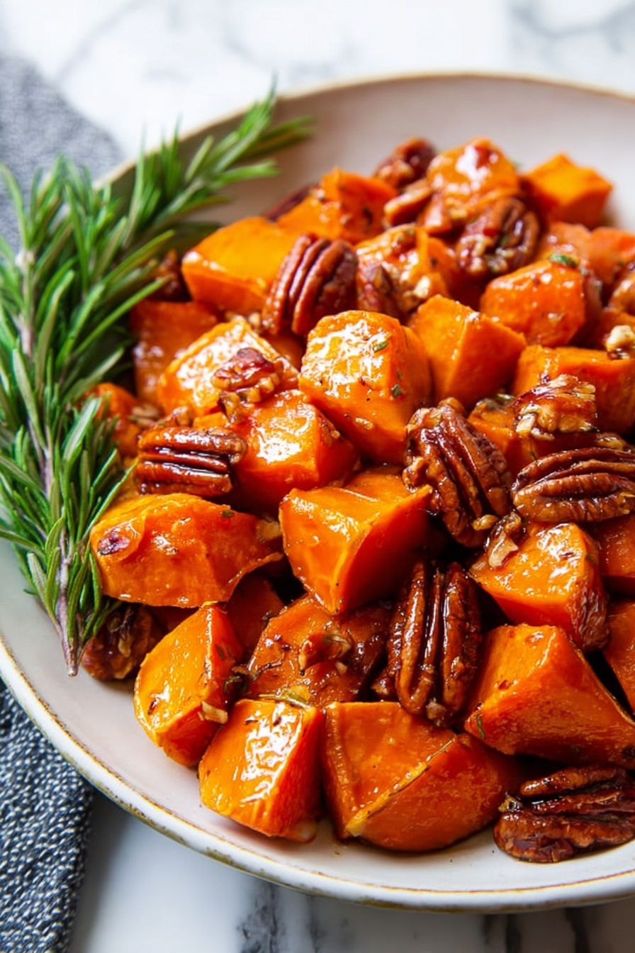 This image shows a dish with two layers. The bottom layer is made of orange roasted sweet potato chunks, each shiny and slightly caramelized with a soft texture. The top layer has whole pecan nuts scattered evenly on the sweet potatoes, adding a brown, crunchy contrast. A small sprig of green rosemary lies on the left side of the dish. All of this sits in a white bowl with a smooth surface on a white marbled texture background. photo taken with an iphone --ar 2:3 --v 7