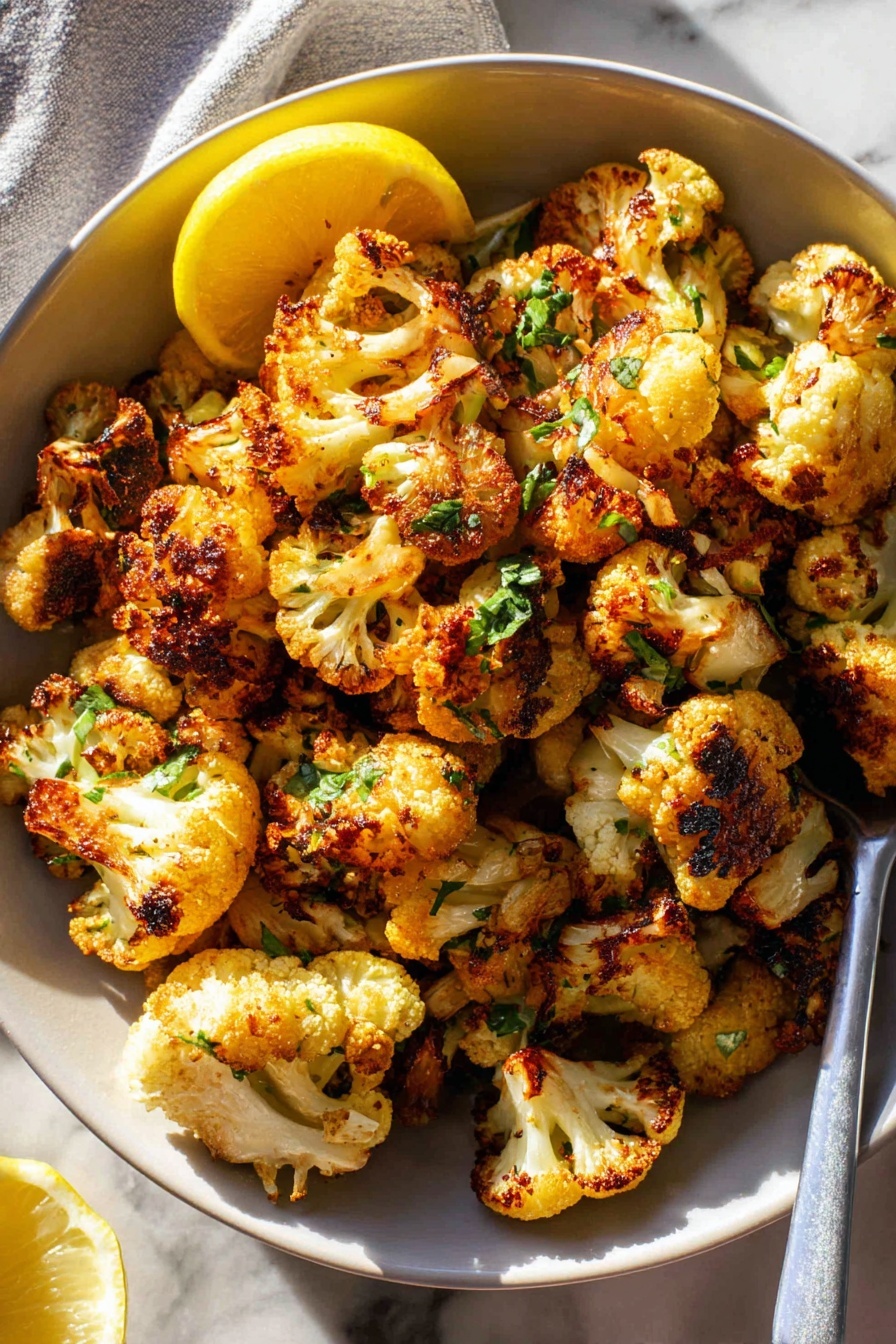 A white bowl is full of roasted cauliflower pieces that are golden brown with some charred edges, showing a rough, crispy texture. The cauliflower pieces have a deep orange tint from spices and are sprinkled with small bits of green herbs on top. A bright yellow lemon wedge rests on the upper side inside the bowl. The bowl sits on a white marbled surface with soft natural light casting shadows. Photo taken with an iphone --ar 2:3 --v 7