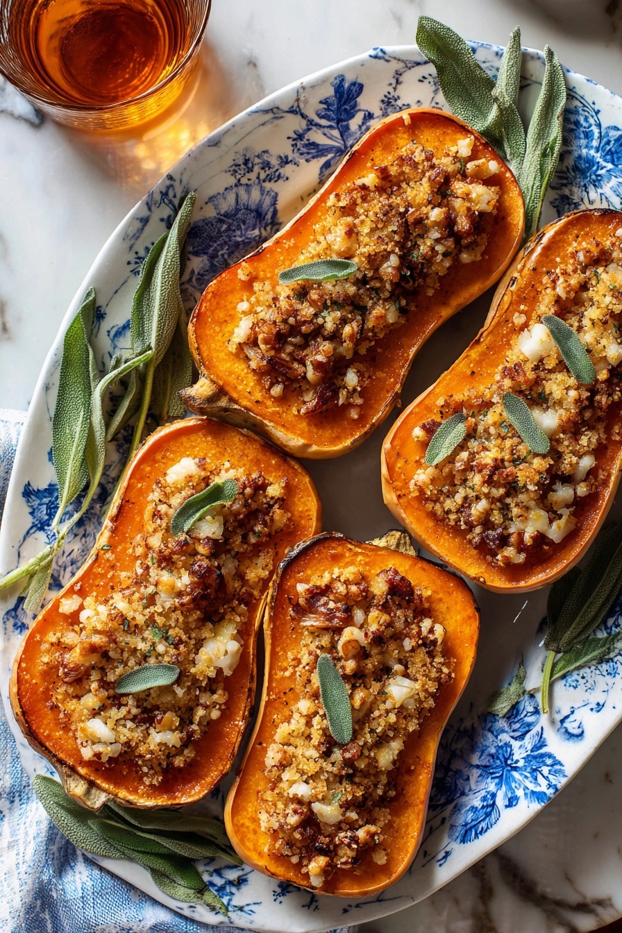 Five halves of roasted butternut squash are placed on a white plate with blue floral patterns, arranged to fill the plate. Each squash half shows bright orange flesh with a slightly caramelized surface, topped with a crumbly mixture of chopped nuts and breadcrumbs that add a crunchy texture. Green sage leaves are scattered on top of the crumb mixture, creating a contrast with the orange squash. The plate rests on a white marbled surface, and there are fresh sage leaves placed next to the squash on the plate. A woman’s hand is visible holding a piece of the plate, and a glass with a light brown drink is at the edge of the frame. photo taken with an iphone --ar 2:3 --v 7