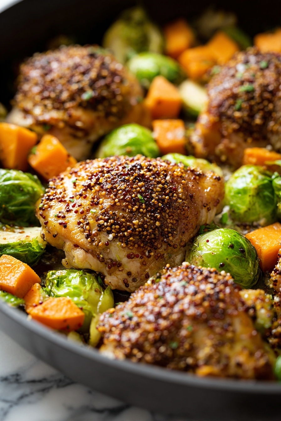 The image shows a white patterned plate with two pieces of cooked chicken thighs on top, covered with a textured, grainy brown sauce. Around the chicken are roasted Brussels sprouts, some halved to show their green, layered insides, and chunks of orange roasted sweet potatoes scattered evenly. A fork with a wooden handle rests on the left side of the plate, its tines near some Brussels sprouts and sweet potatoes. The plate sits on a white marbled surface. Photo taken with an iphone --ar 2:3 --v 7