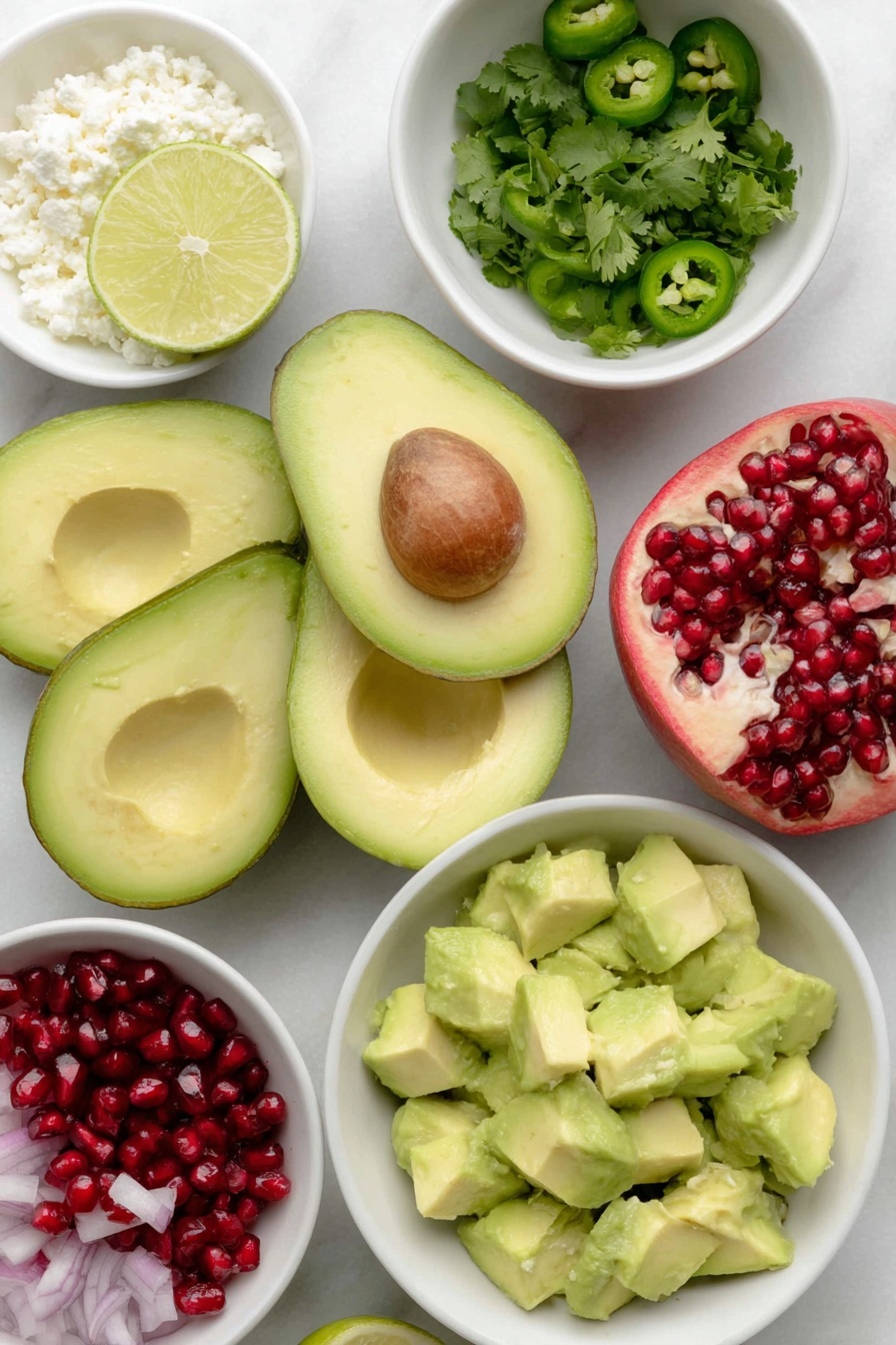 Flat lay of four medium ripe avocados, pitted and diced, a small white ceramic bowl with fresh lime juice, two whole uncracked garlic cloves, a small white ceramic bowl containing sea salt, half a medium red onion chopped, a small white ceramic bowl with chopped fresh cilantro leaves, two small jalapeños sliced and seeded, one medium pomegranate split open showing bright red arils, and a small white ceramic bowl filled with crumbled feta cheese, all arranged with perfect symmetry, fresh and natural, placed on a clean white marble surface, soft natural light, photo taken with an iPhone, professional food photography style, fresh ingredients, white ceramic bowls, no bottles, no duplicates, no utensils, no packaging --ar 2:3 --v 7 --p m7354615311229779997