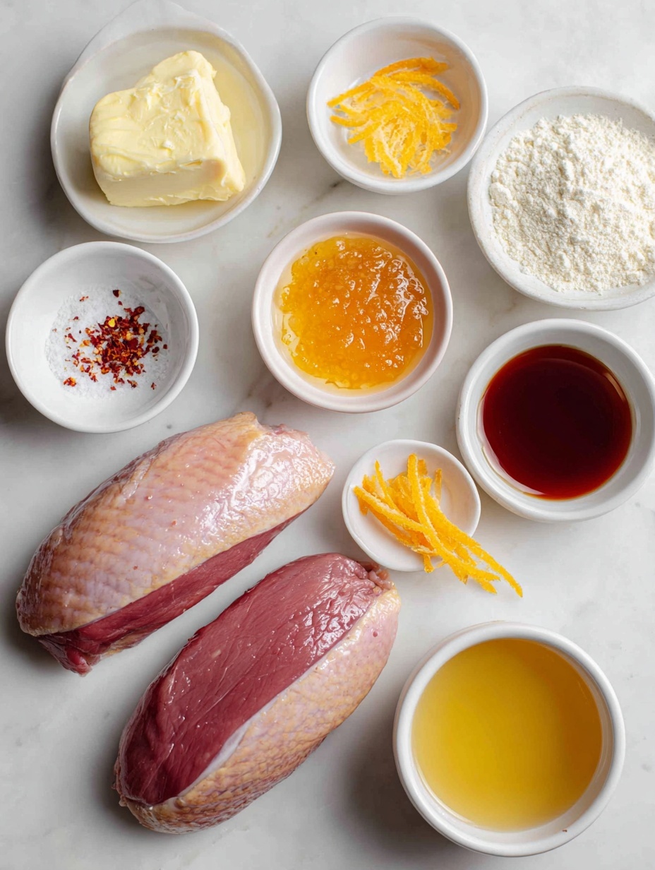 Flat lay of two raw duck breast halves with smooth skin and visible fat, coarse salt sprinkled nearby, a small white bowl of golden chicken broth, a small white bowl with bright orange marmalade, a small white bowl of amber-orange liqueur, a small white bowl with rich dark reddish-brown sherry vinegar, a few fresh bright orange zest strips, a pinch of vibrant red cayenne pepper laid out lightly, a small white bowl holding creamy pale yellow butter, a small white bowl with fine off-white all-purpose flour, and a small white bowl containing rendered duck fat with a soft golden sheen placed on a clean white marble surface, soft natural light, photo taken with an iPhone, professional food photography style, fresh ingredients, white ceramic bowls, no bottles, no duplicates, no utensils, no packaging --ar 2:3 --v 7 --p m7354615311229779997