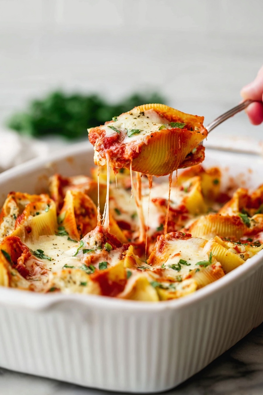 This image shows a white baking dish filled with large pasta shells stuffed with creamy white cheese, topped with bright red tomato sauce and melted golden brown cheese. The pasta shells are arranged in layers, with the cheese melting and stretching as a spoon lifts one shell out, showing a mix of the soft cheese filling and the rich sauce. Small green herb pieces are scattered on top for color contrast. The dish rests on a white marbled surface, and a woman’s hand holds the spoon with a blurred green garnish in the background. photo taken with an iphone --ar 2:3 --v 7