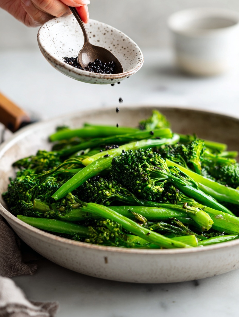A stainless steel pan holds bright green broccolini and green beans, spread out with a shiny, slightly wet texture. A white speckled bowl tipped by a woman's hand is pouring small dark red lentils into the pan. Inside the pan, there is a black spoon with the word
