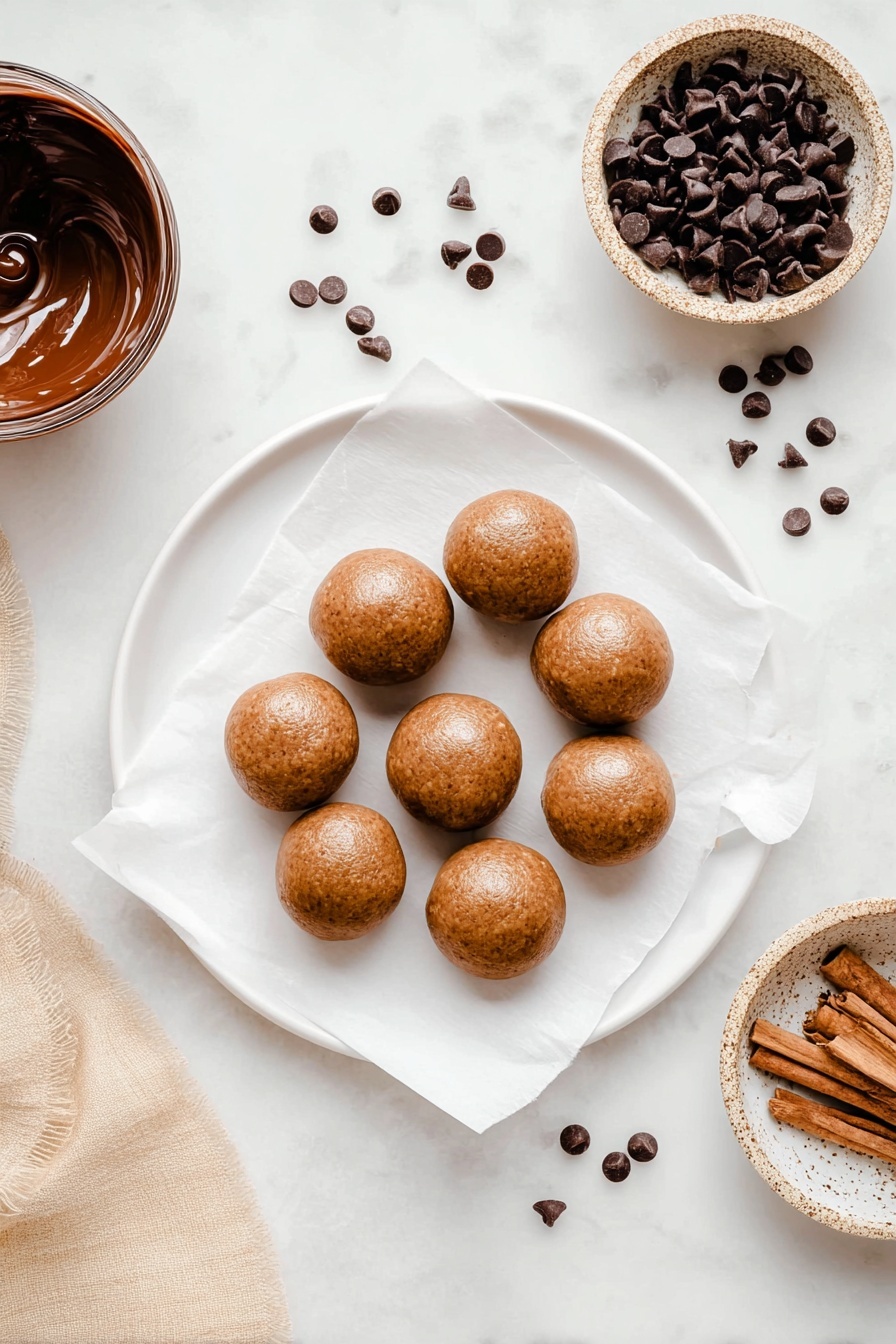 A white plate with a sheet of white parchment paper holds eleven brown dough balls arranged loosely in the center. Above the plate, there is a small bowl filled with dark chocolate chips, with some chips scattered around it on the white marbled background. To the left, part of a bowl with melted chocolate is visible, showing smooth, shiny dark brown chocolate being stirred. In the bottom right corner, a small speckled bowl contains a few cinnamon sticks. The whole scene is set on a white marbled surface, with soft natural light and clear focus on the dough balls and ingredients. photo taken with an iphone --ar 2:3 --v 7