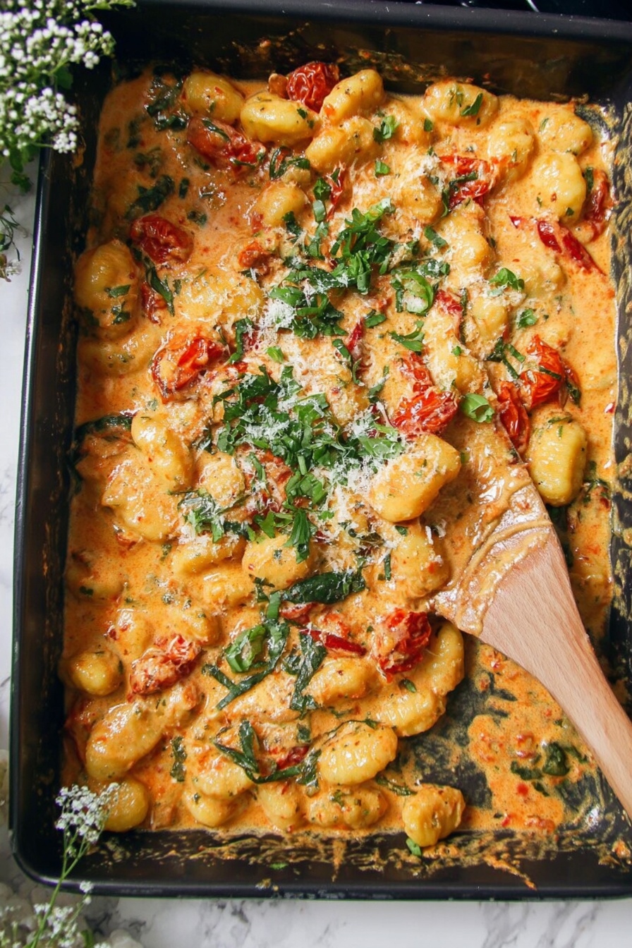 A baking tray filled with creamy gnocchi mixed with pieces of red tomatoes and fresh green herbs scattered on top. The gnocchi pieces are small, round, and covered in a thick, smooth orange-yellow sauce with specks of green herbs. Some grated white cheese is sprinkled lightly over the dish. A wooden spatula rests on the right side of the tray, partially dipped into the creamy mixture. The tray sits on a white marbled surface with some small white flowers and plants visible on the edges. Photo taken with an iphone --ar 2:3 --v 7