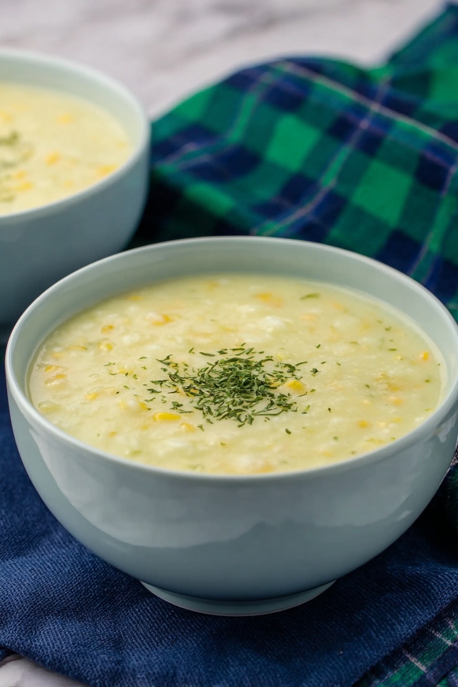 A close-up of a thick soup served in a white bowl filled almost to the top; the soup is pale yellow with small bits of white and yellow, giving it a creamy texture. On the center surface of the soup, there is a sprinkle of finely chopped green herbs. The bowl sits on a dark blue cloth with a green and blue plaid fabric draped softly nearby, all placed on a white marbled surface. In the background, there is a second white bowl filled with the same soup, softly out of focus. Photo taken with an iphone --ar 2:3 --v 7