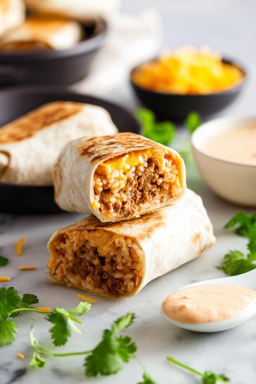 The image shows two stacked burritos, one on top of the other, with a cross section exposing three layers inside: soft light brown rice, orange melted cheese, and a light brown meat layer, all wrapped in a light beige tortilla with a slightly toasted edge. Fresh green cilantro leaves are scattered around the burritos on a white marbled surface. There is a white spoon with a light orange creamy sauce in the foreground and a black bowl with a beige sauce on the left side. In the blurry background, some additional burritos and a black bowl with shredded yellow cheese are visible. Photo taken with an iphone --ar 2:3 --v 7