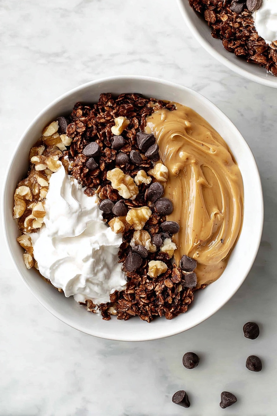 A white bowl holds a layered dessert starting with a base of dark brown chocolate oat clusters. On top, there are small dark chocolate chips and light brown walnut pieces scattered around. A smooth layer of light tan peanut butter is drizzled over the nuts and oats. On one side of the bowl, there is a swirl of white whipped cream with a fluffy texture. The bowl sits on a white marbled surface with a few loose chocolate chips nearby. Photo taken with an iphone --ar 2:3 --v 7