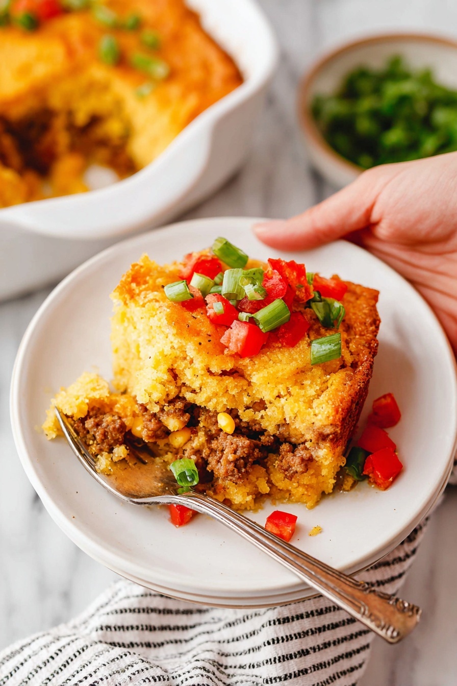 The dish is a single, thick serving of a layered casserole on a white plate, with a crumbly golden crust on top. The first layer is a soft, yellow cornbread crust that is slightly crispy at the edges. Below this is a textured layer of cooked ground meat, mixed with bits of corn and melted cheese creating small gooey patches. The casserole is topped with finely chopped bright red bell peppers and fresh green sliced green onions scattered over it. The plate is sitting on a white marbled surface with a fork and a striped cloth napkin visible nearby. Photo taken with an iphone --ar 2:3 --v 7
